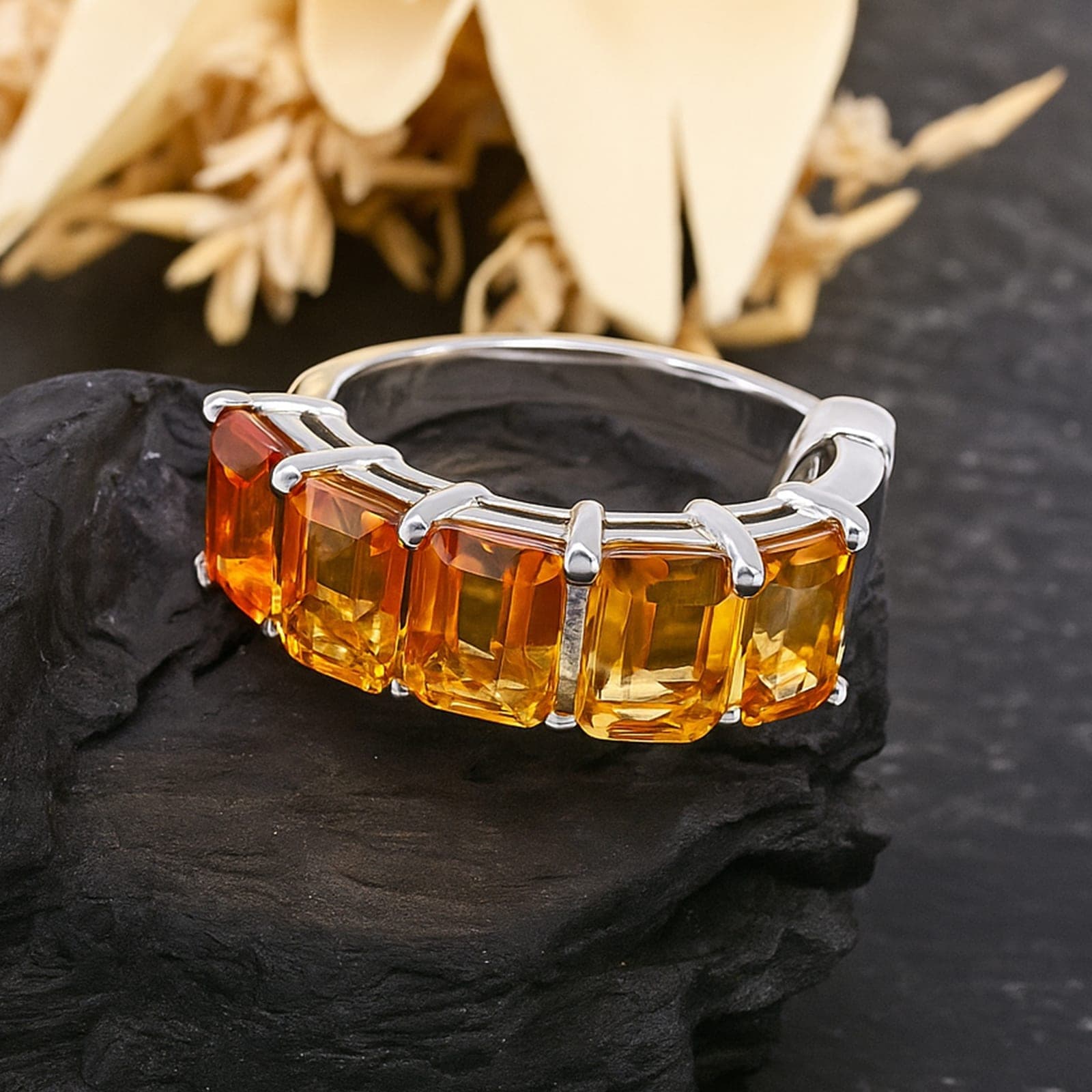 Emerald Cut Citrine Band Ring