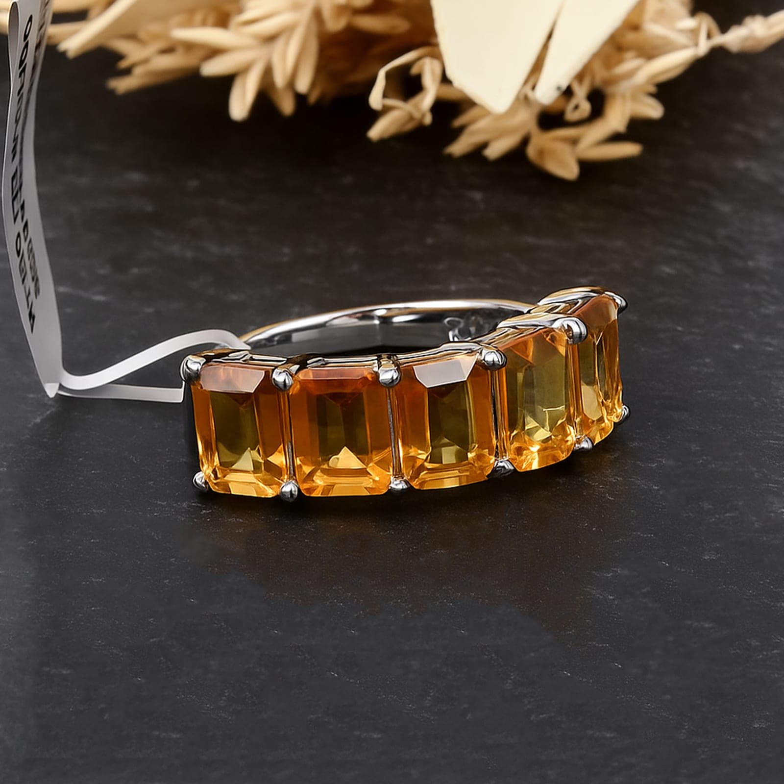 Emerald Cut Citrine Band Ring