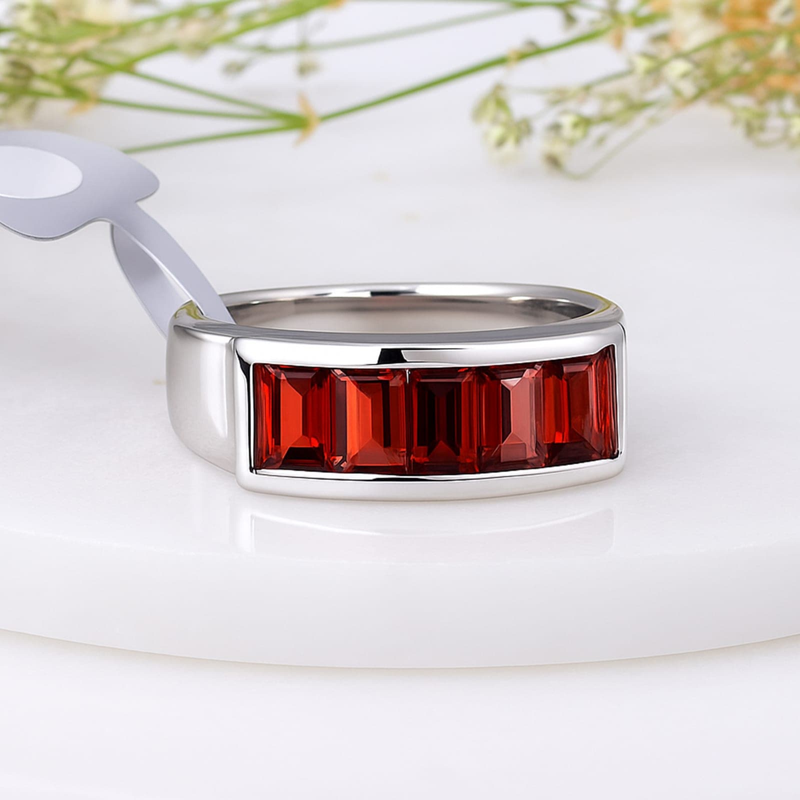 Garnet Unisex Half Eternity Ring in Silver