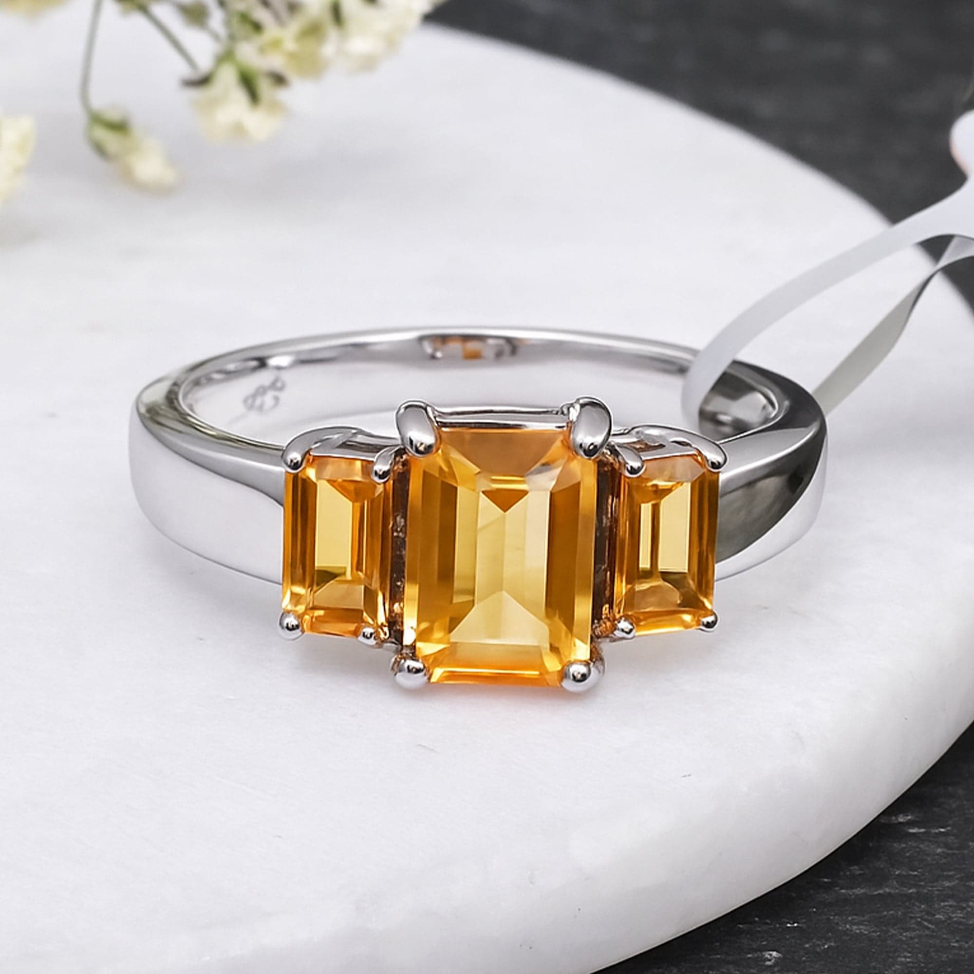 Emerald Cut Citrine Three Stone Ring