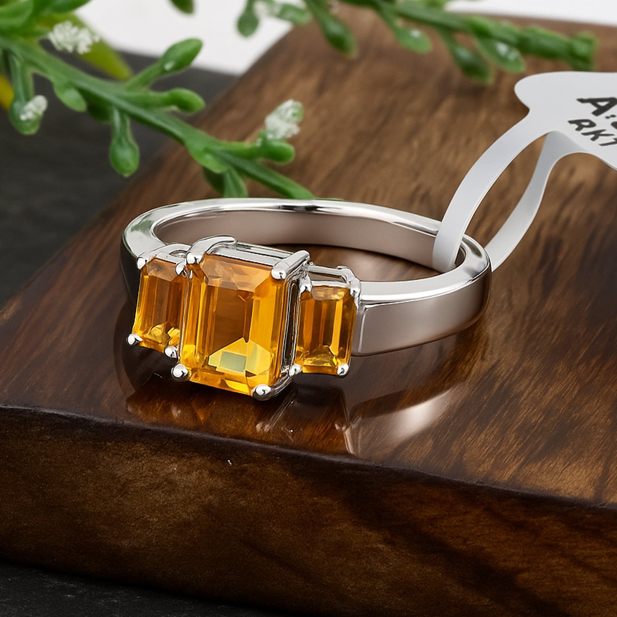 Emerald Cut Citrine Three Stone Ring