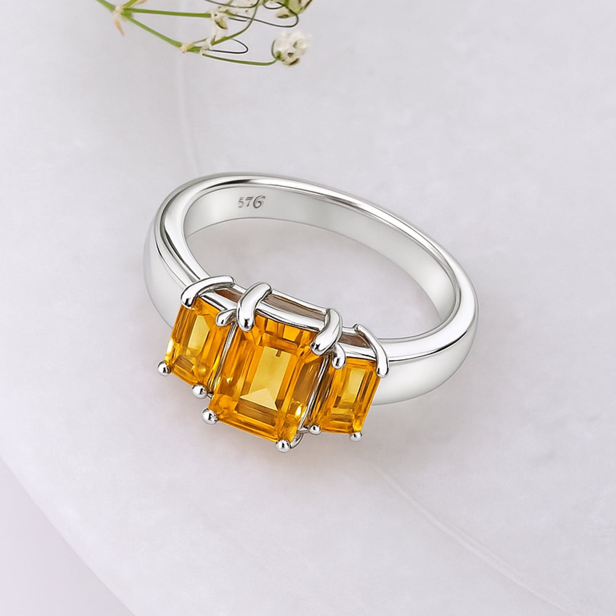 Emerald Cut Citrine Three Stone Ring