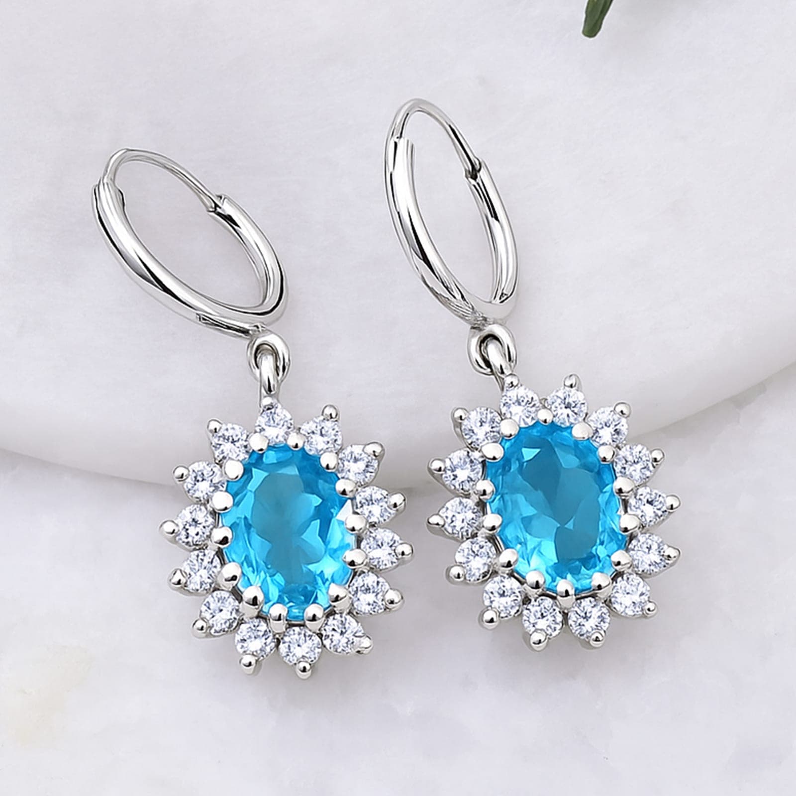Blue Topaz & Moissanite Halo Earrings Silver