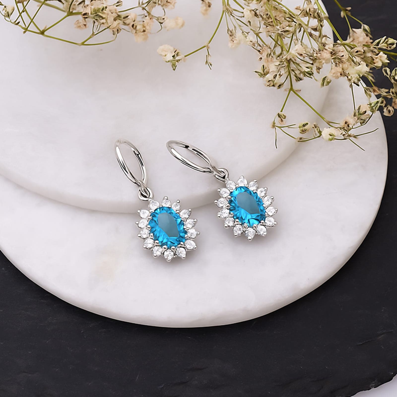 Blue Topaz & Moissanite Halo Earrings Silver