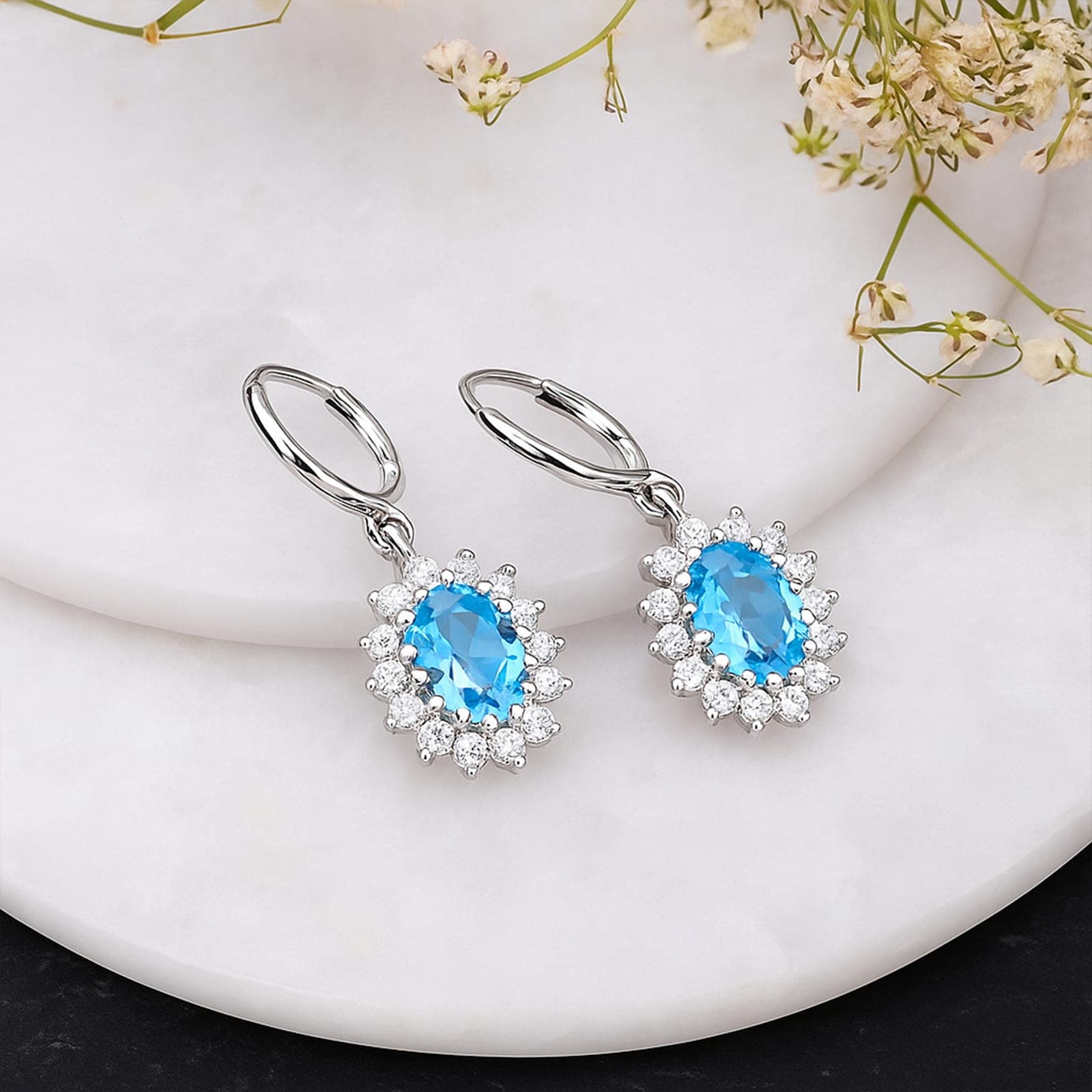 Blue Topaz & Moissanite Halo Earrings Silver
