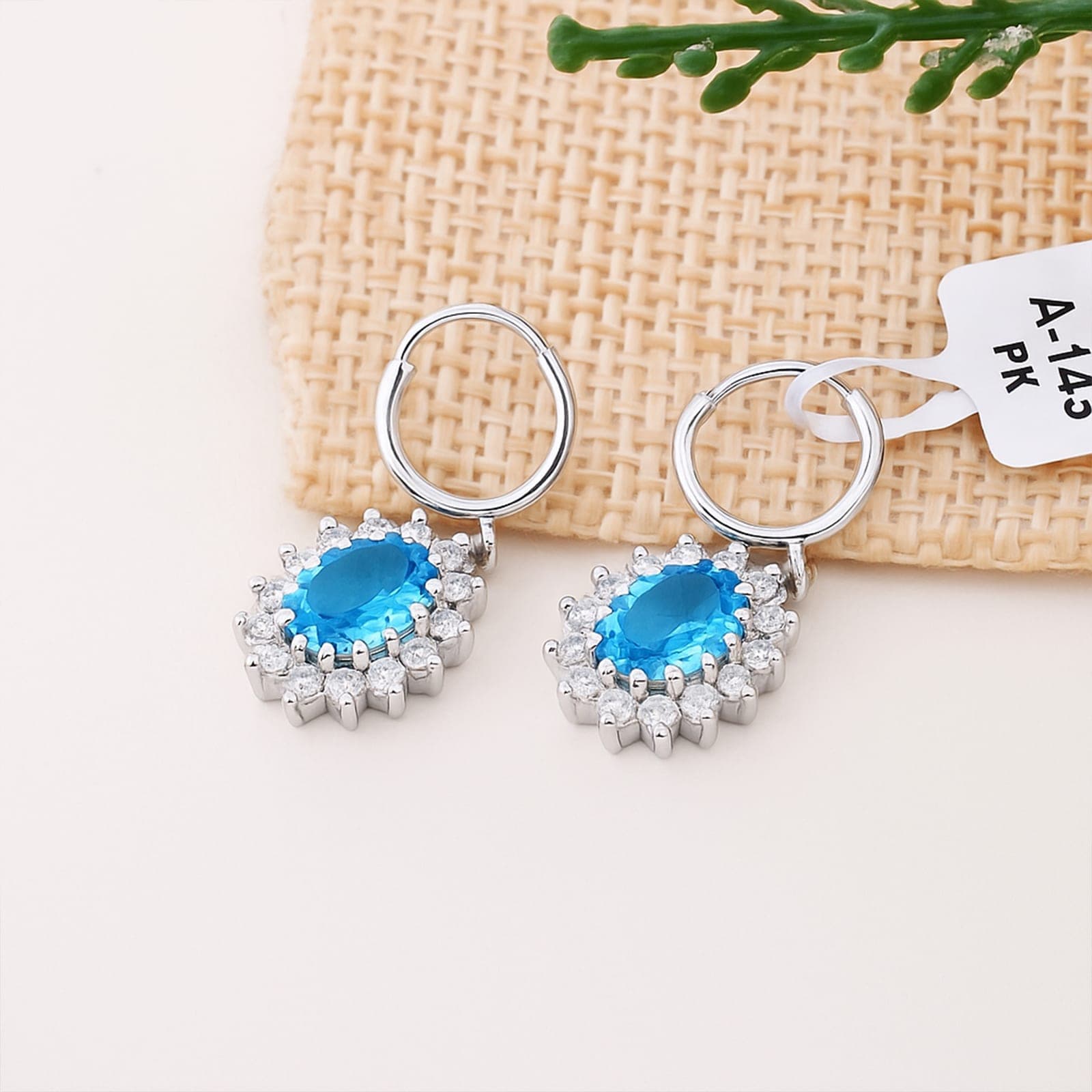 Blue Topaz & Moissanite Halo Earrings Silver