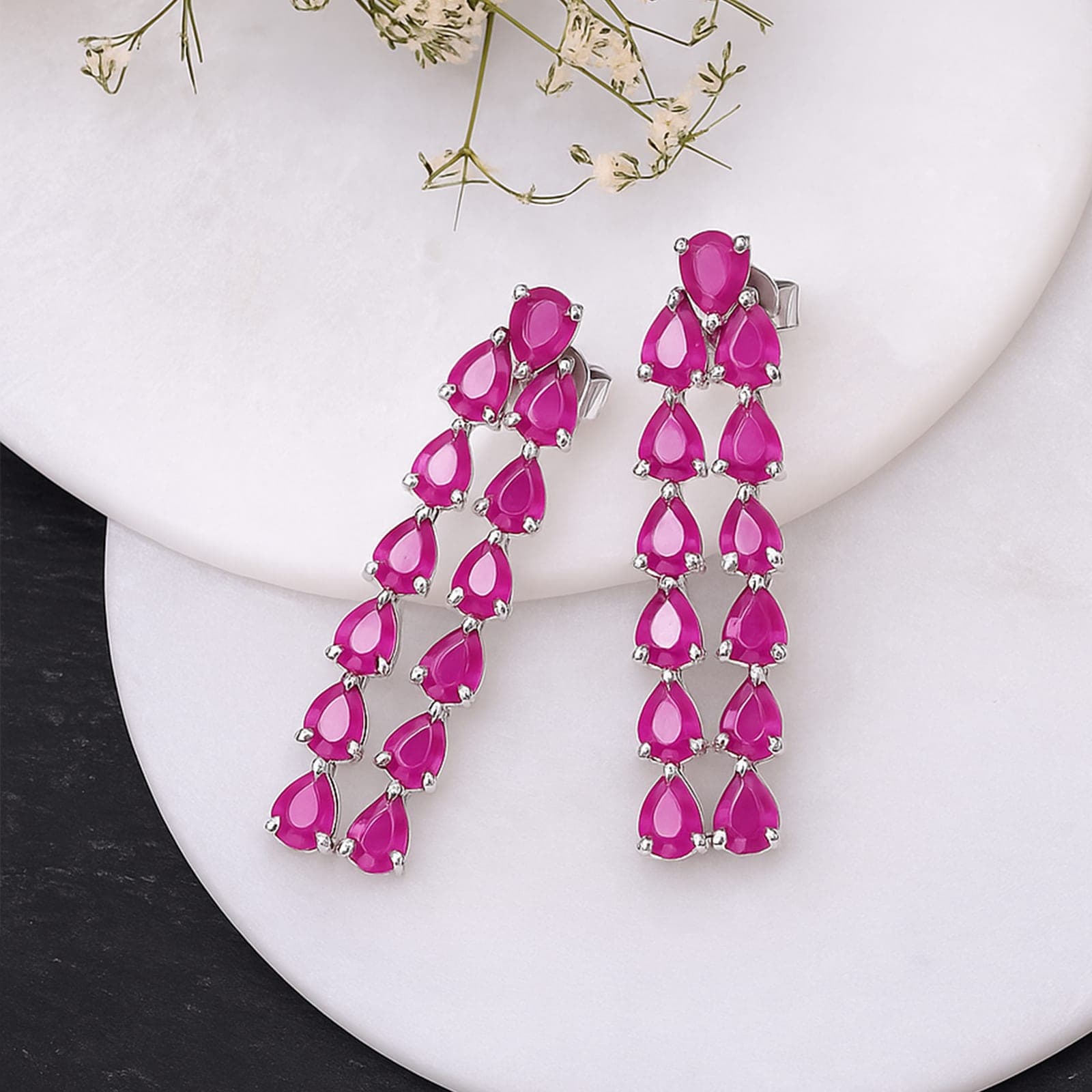 Pink Ruby Long Statement Earrings