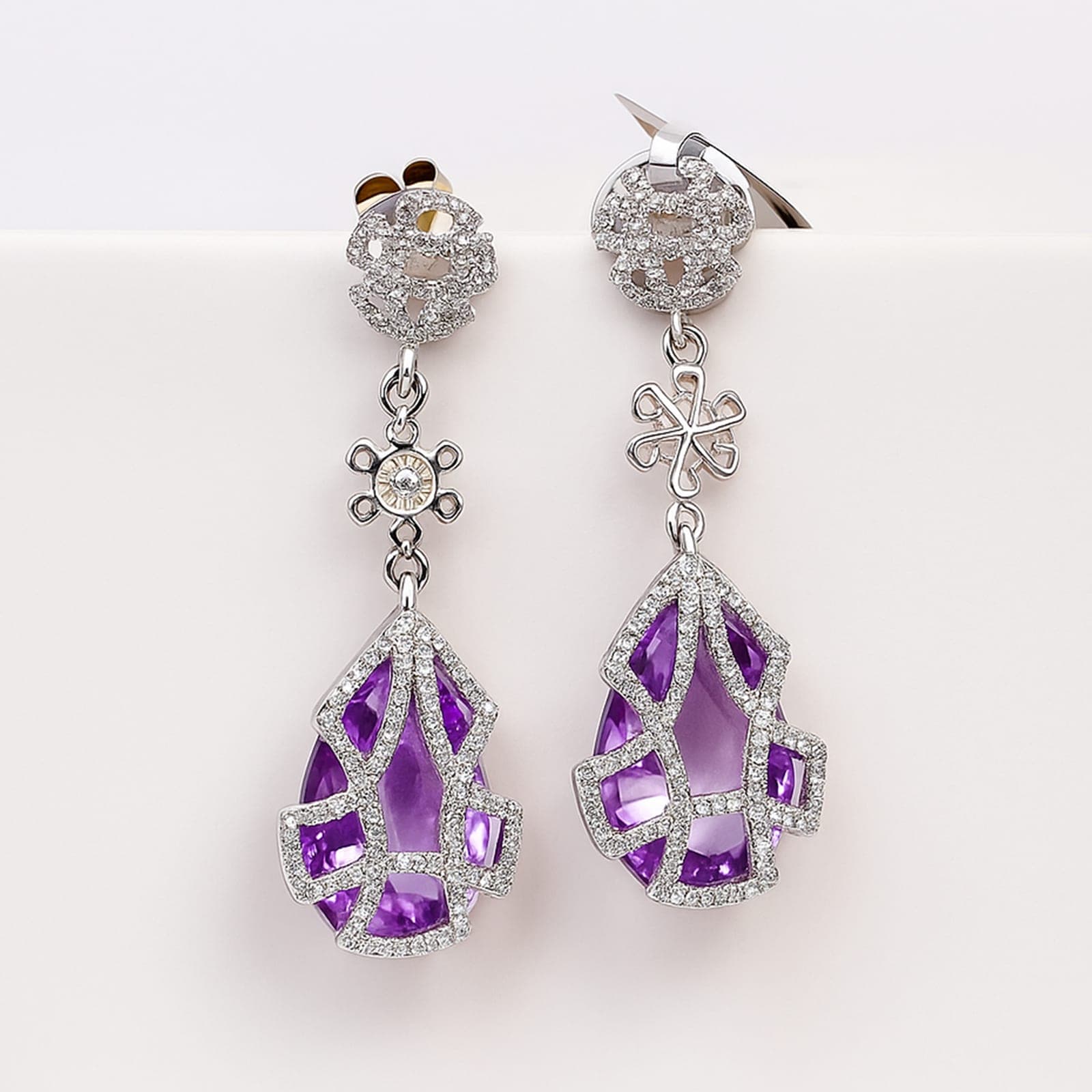 Amethyst & Moissanite Drop Earrings in Silver