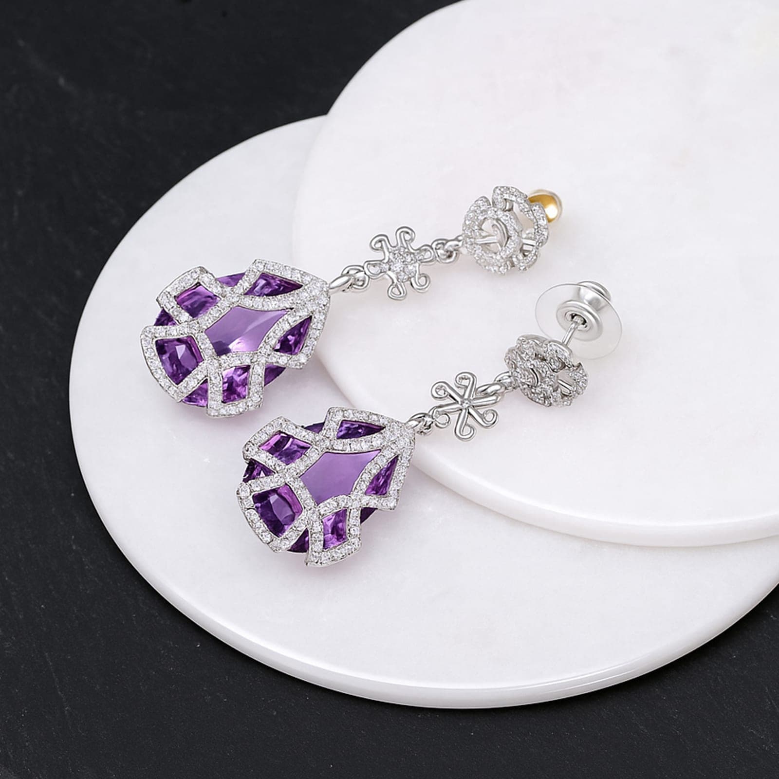 Amethyst & Moissanite Drop Earrings in Silver alternate view