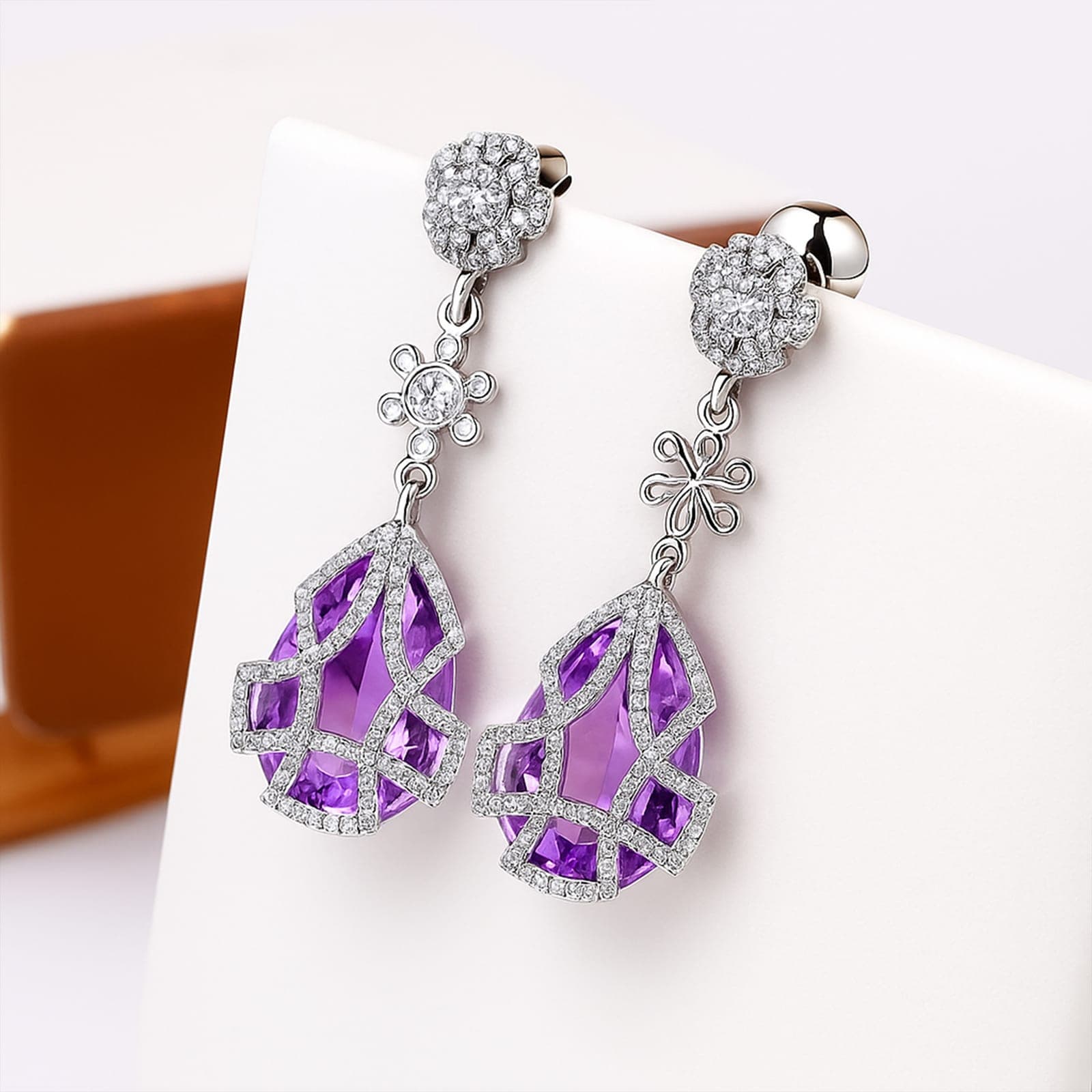 Amethyst & Moissanite Drop Earrings in Silver