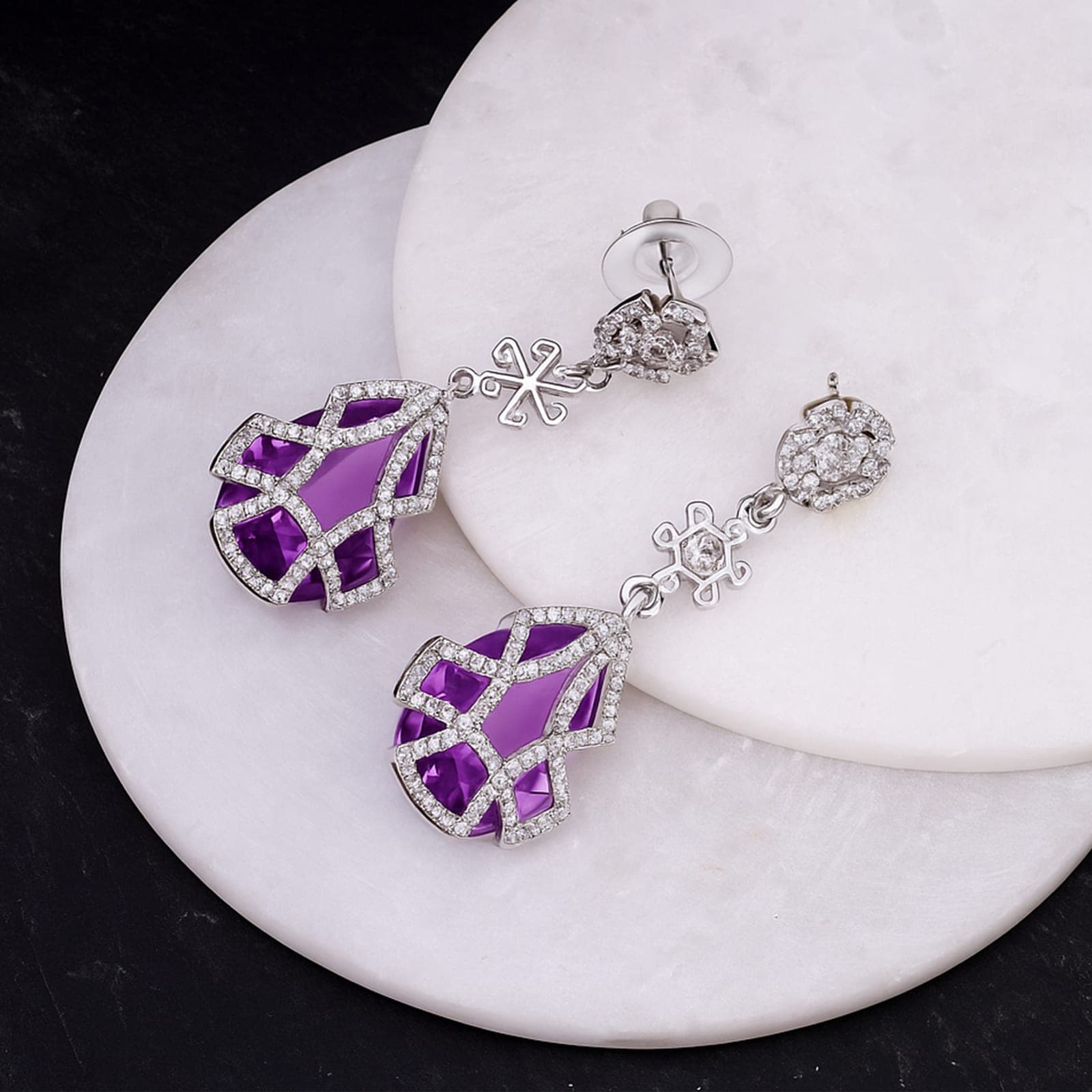 Amethyst & Moissanite Drop Earrings in Silver