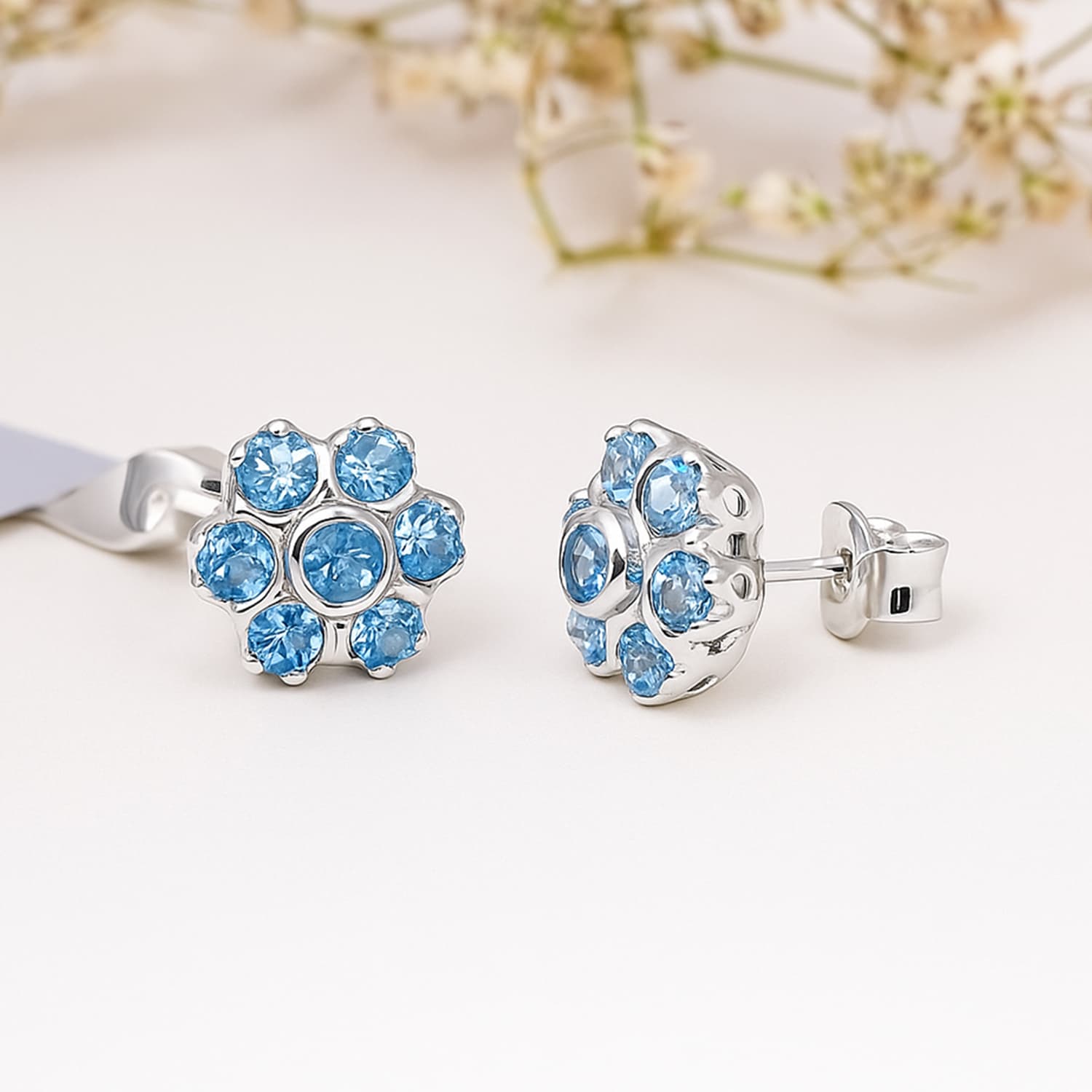 Blue Topaz Floral Stud Earrings in Silver alternate view