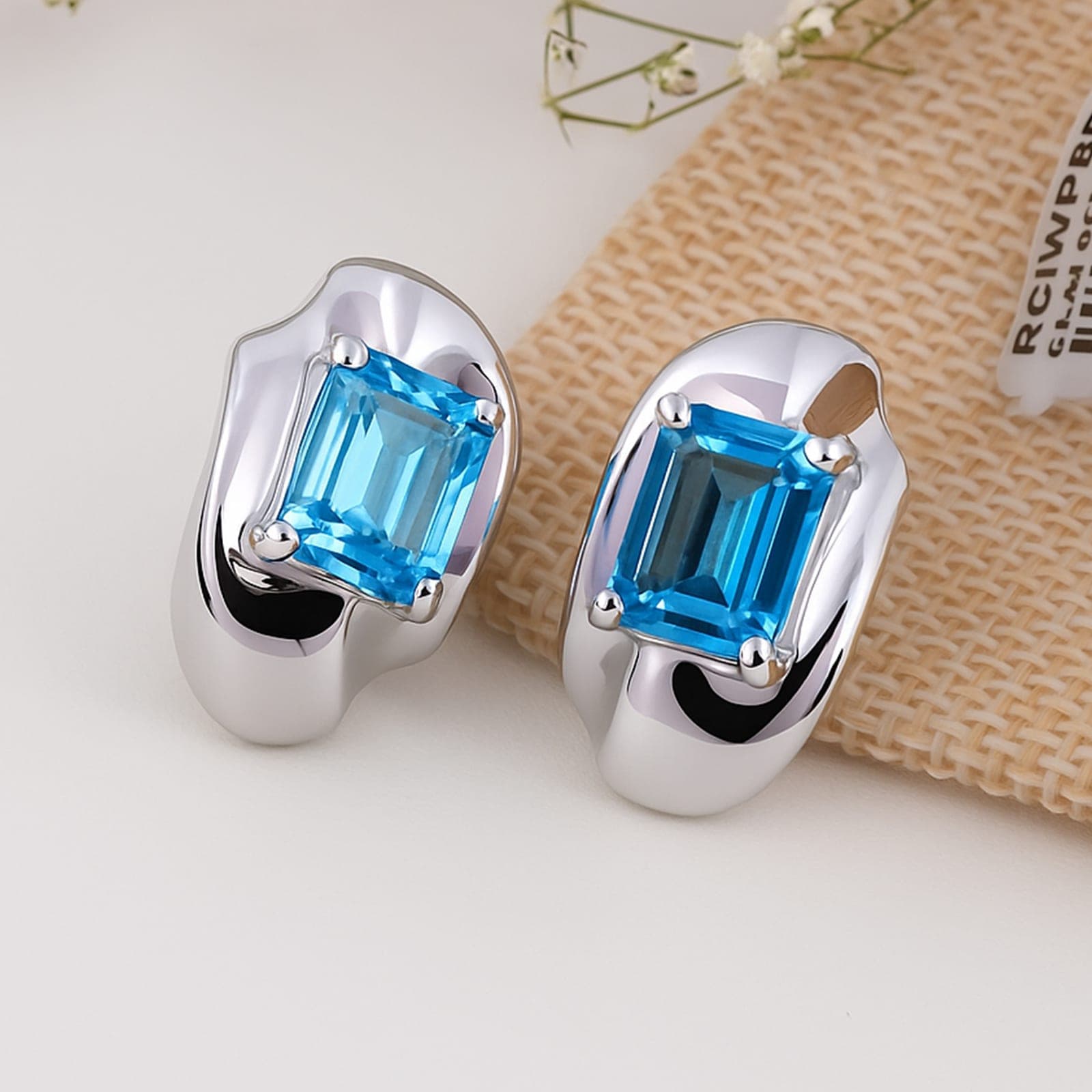 Aqua Sculpt Blue Topaz Huggie Stud Earrings