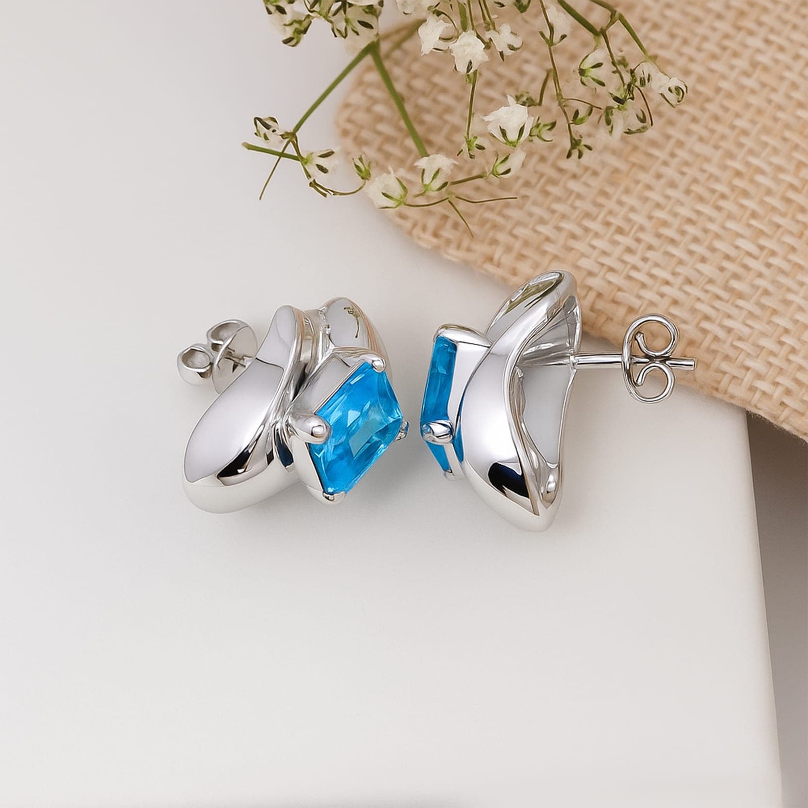Aqua Sculpt Blue Topaz Huggie Stud Earrings