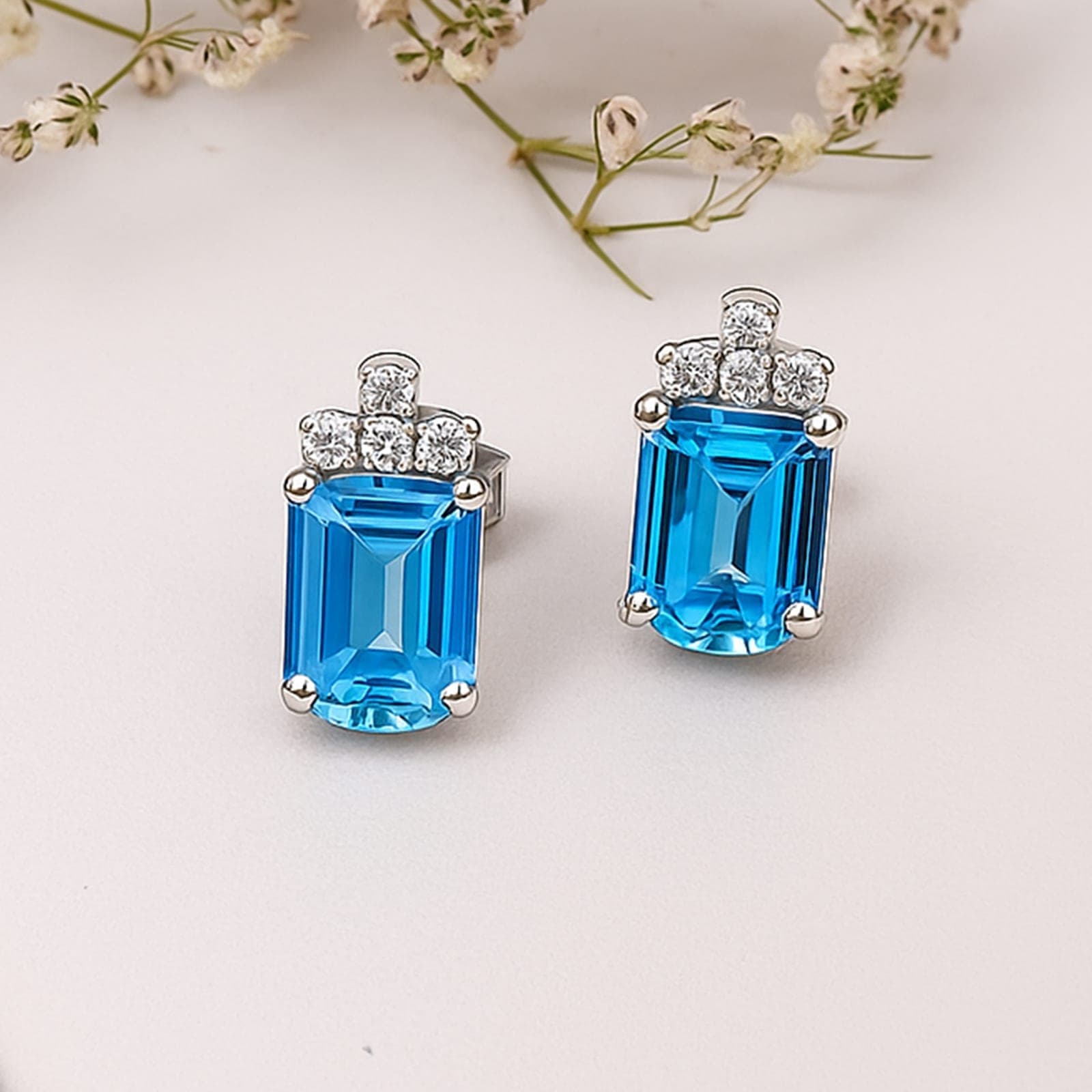 Blue Topaz & Diamond Stud Earrings