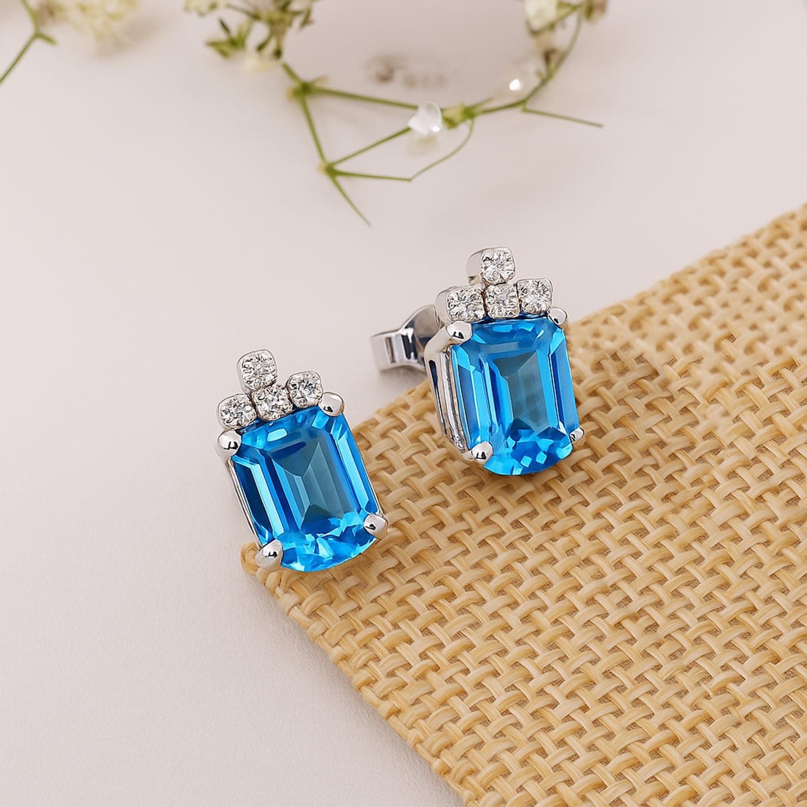 Blue Topaz & Diamond Stud Earrings