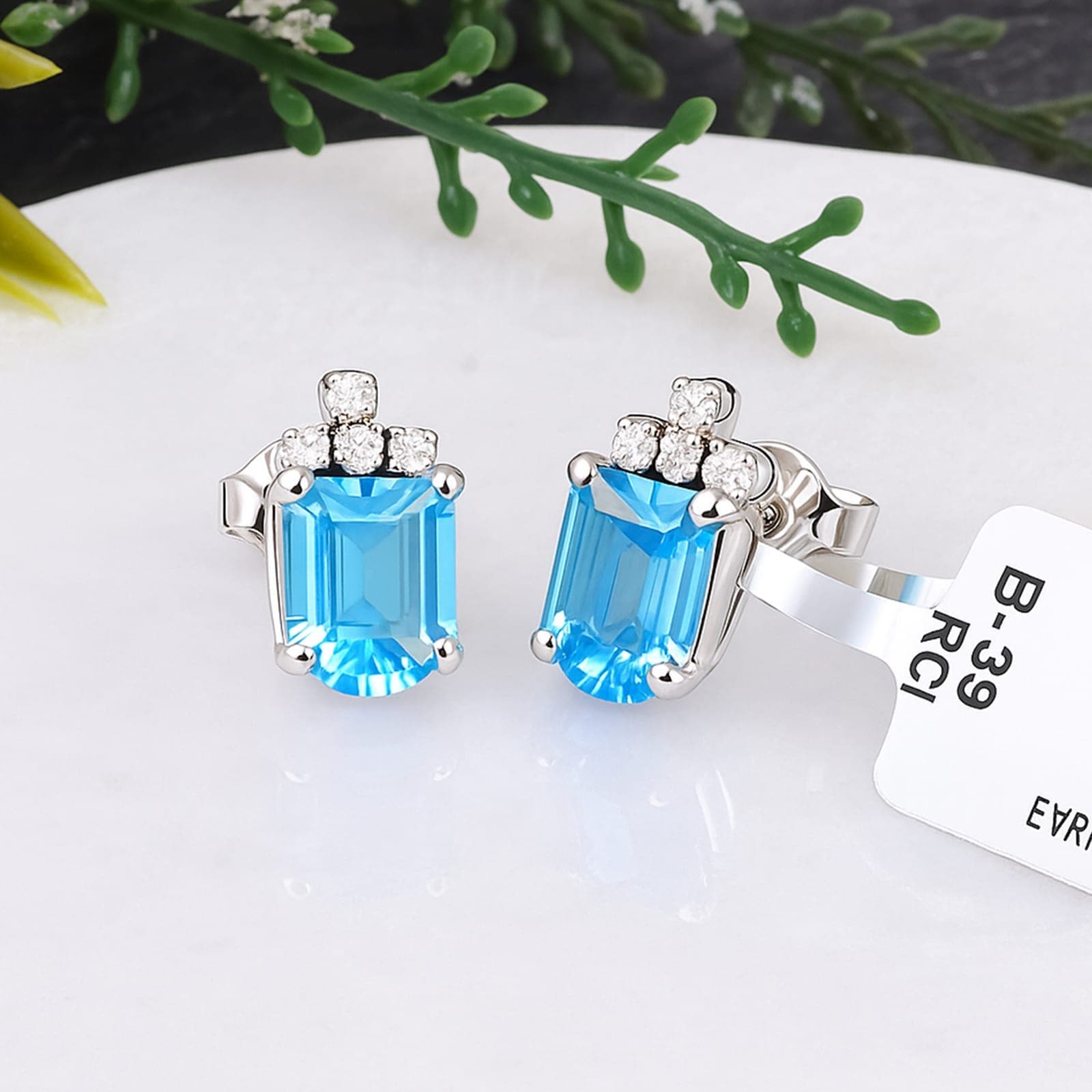 Blue Topaz & Diamond Stud Earrings