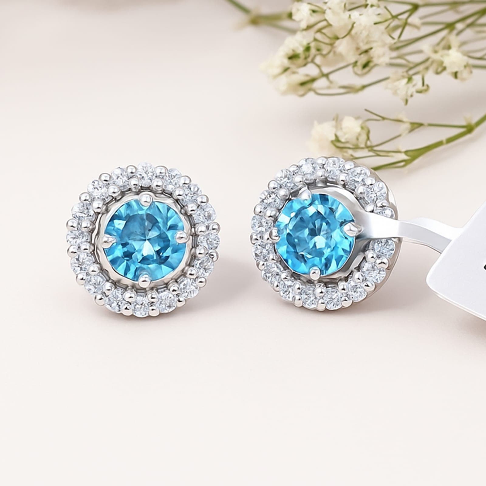 Swiss Blue Topaz Halo Diamond Stud Earrings in 925 Silver