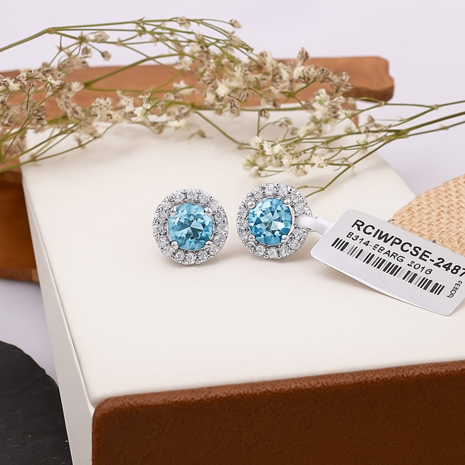 Swiss Blue Topaz Halo Diamond Stud Earrings in 925 Silver alternate view