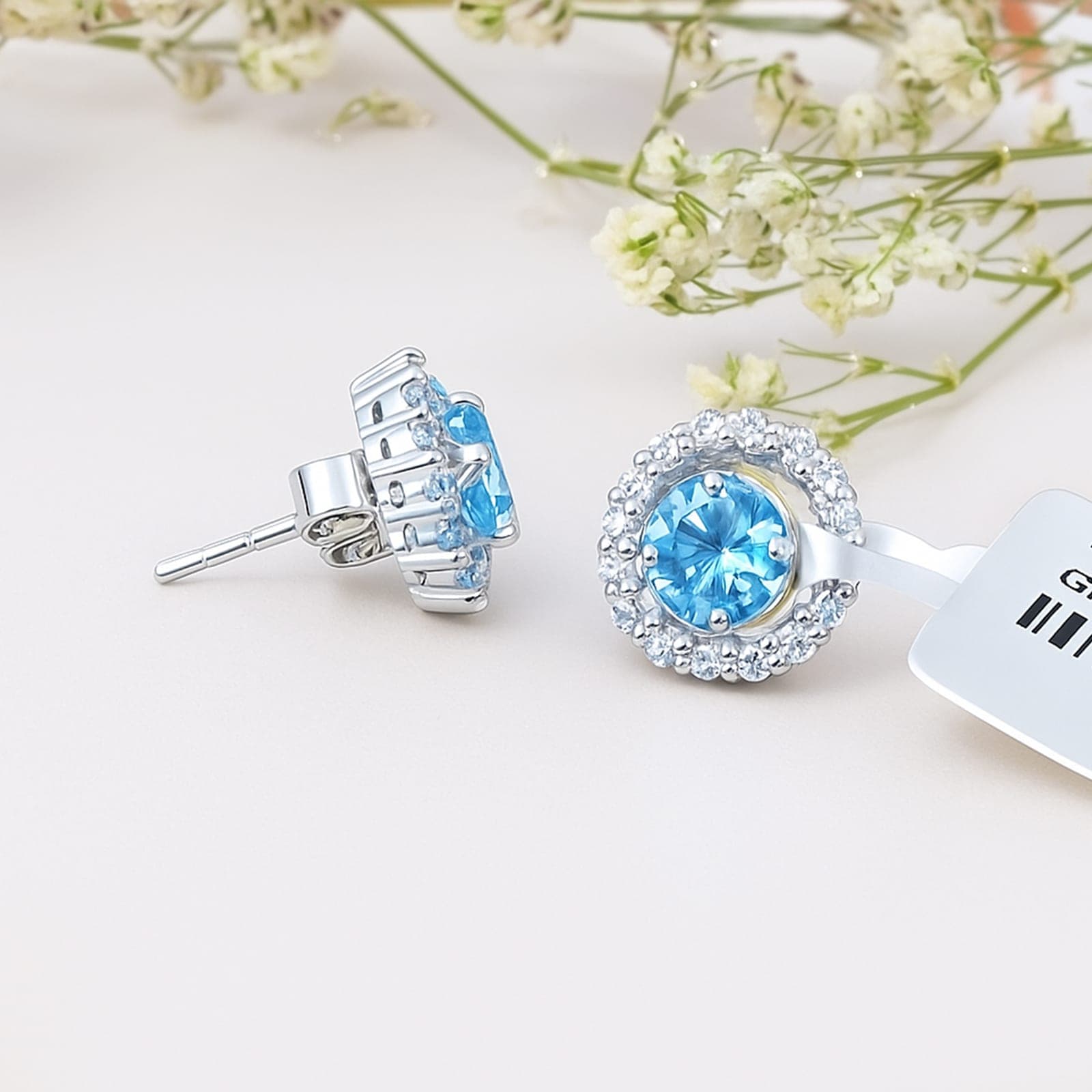 Swiss Blue Topaz Halo Diamond Stud Earrings in 925 Silver