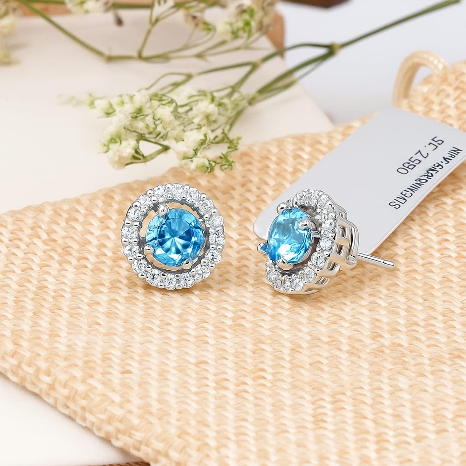 Swiss Blue Topaz Halo Diamond Stud Earrings in 925 Silver