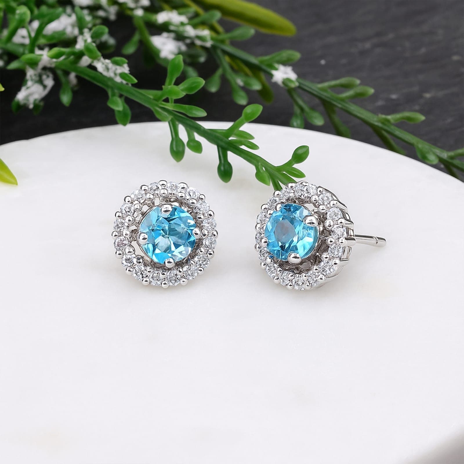 Swiss Blue Topaz Halo Diamond Stud Earrings in 925 Silver