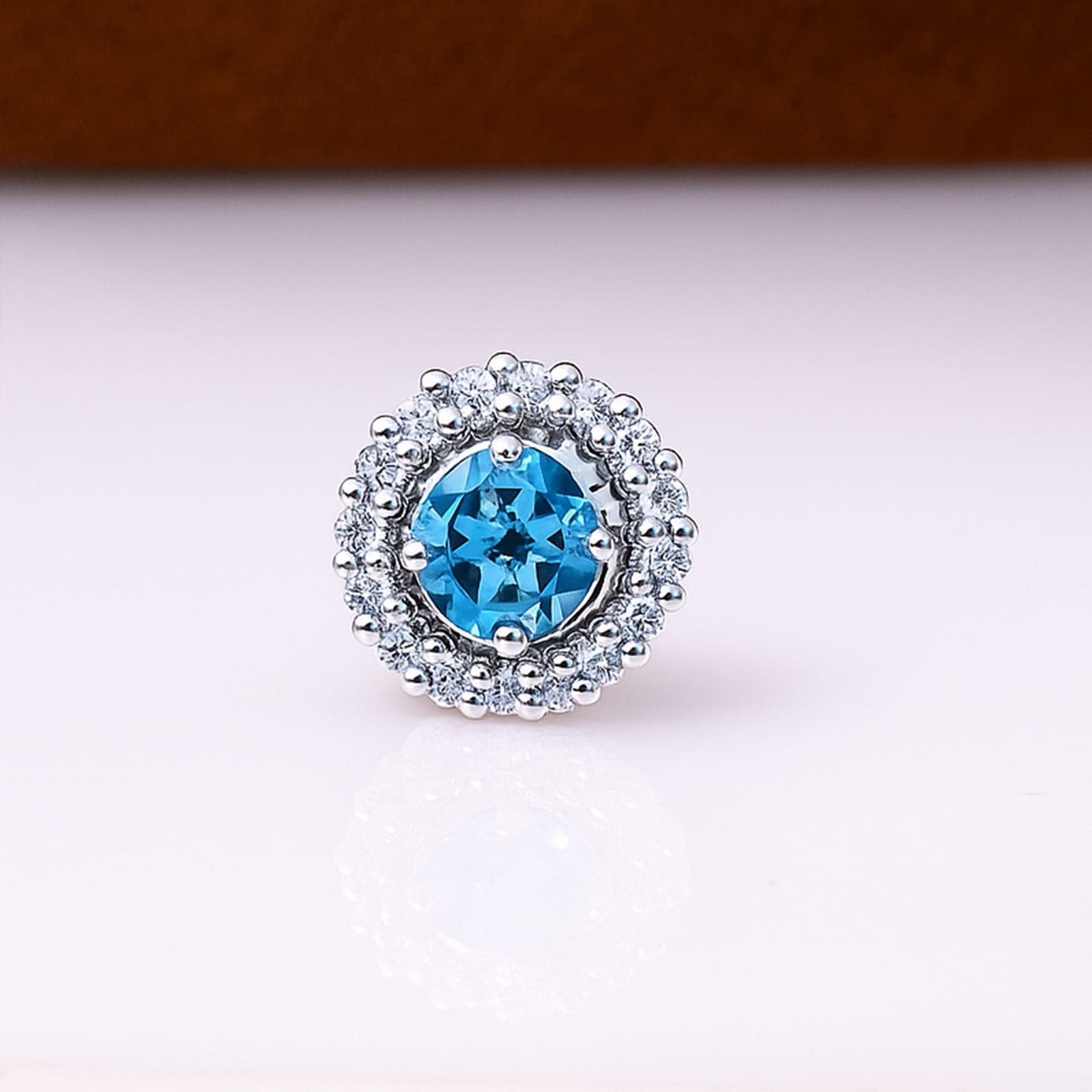 Swiss Blue Topaz Halo Diamond Stud Earrings in 925 Silver