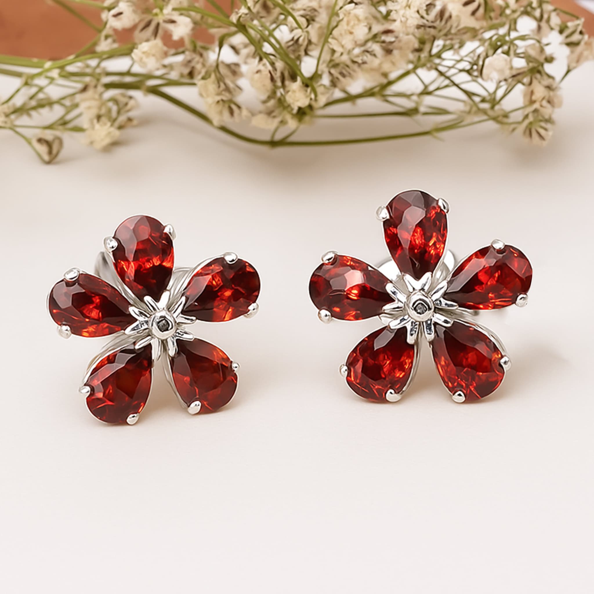 Crimson Bloom Garnet Floral Stud Earrings
