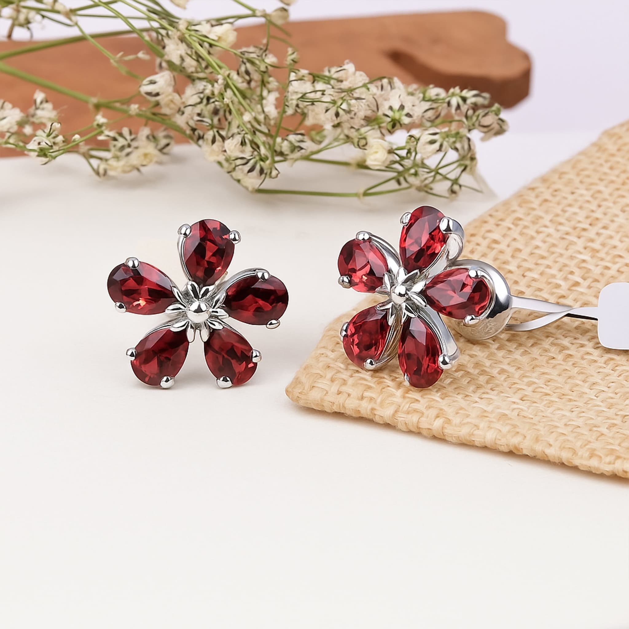 Crimson Bloom Garnet Floral Stud Earrings alternate view
