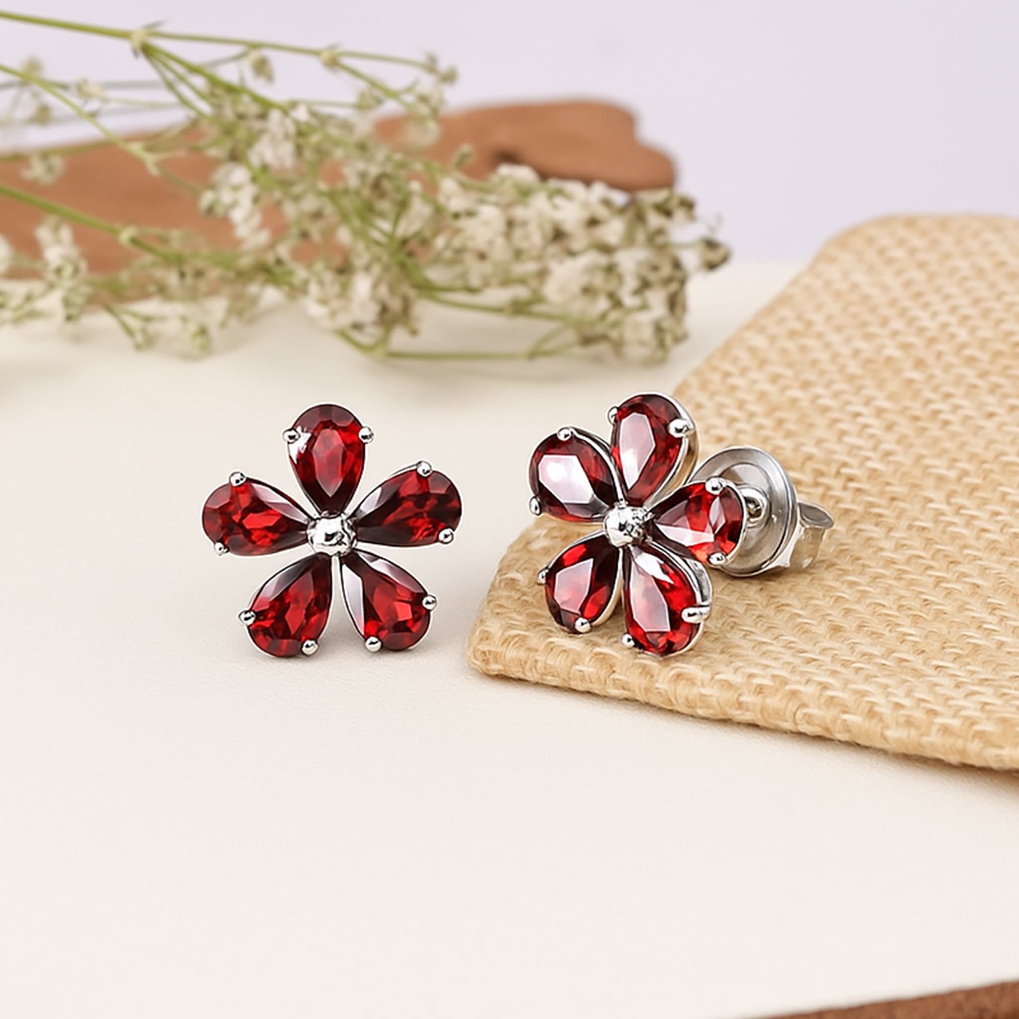 Crimson Bloom Garnet Floral Stud Earrings