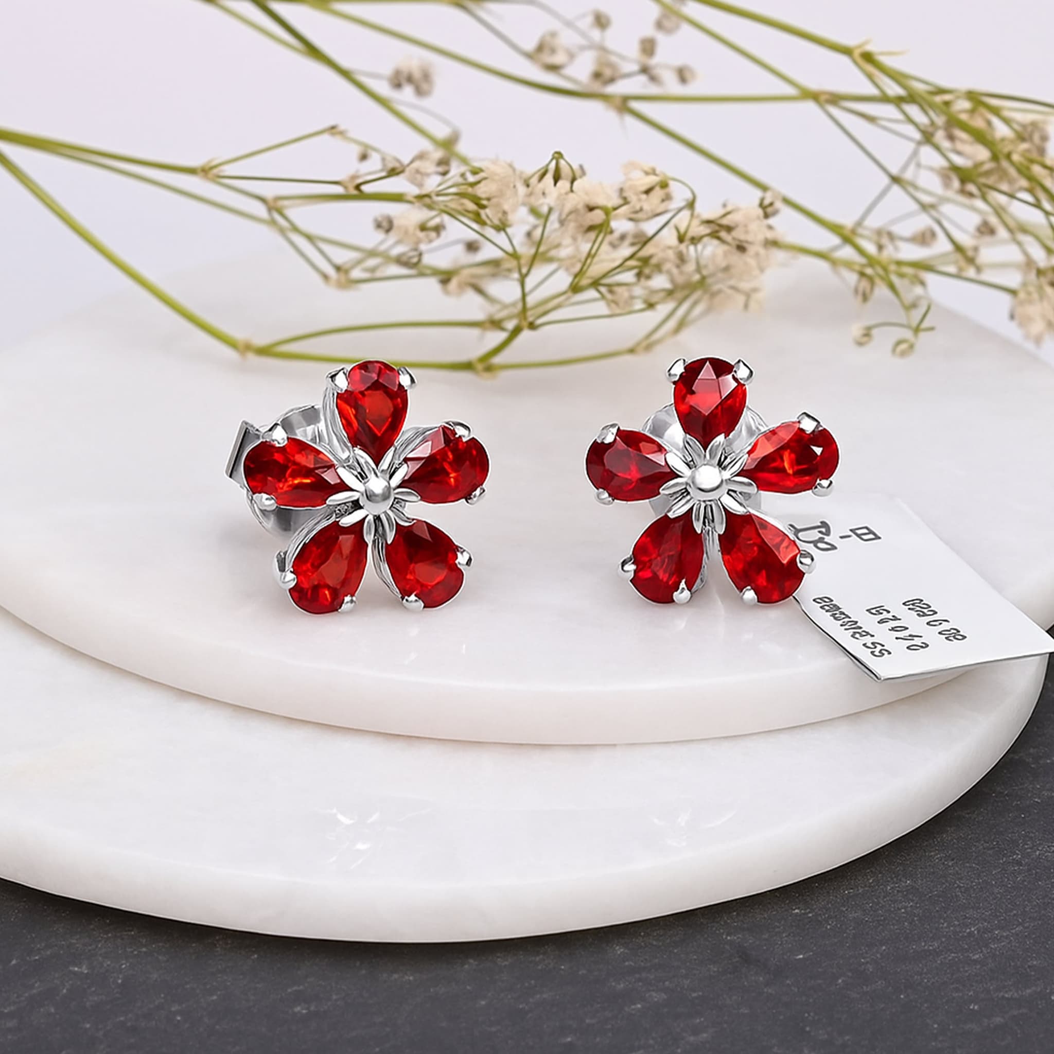 Crimson Bloom Garnet Floral Stud Earrings