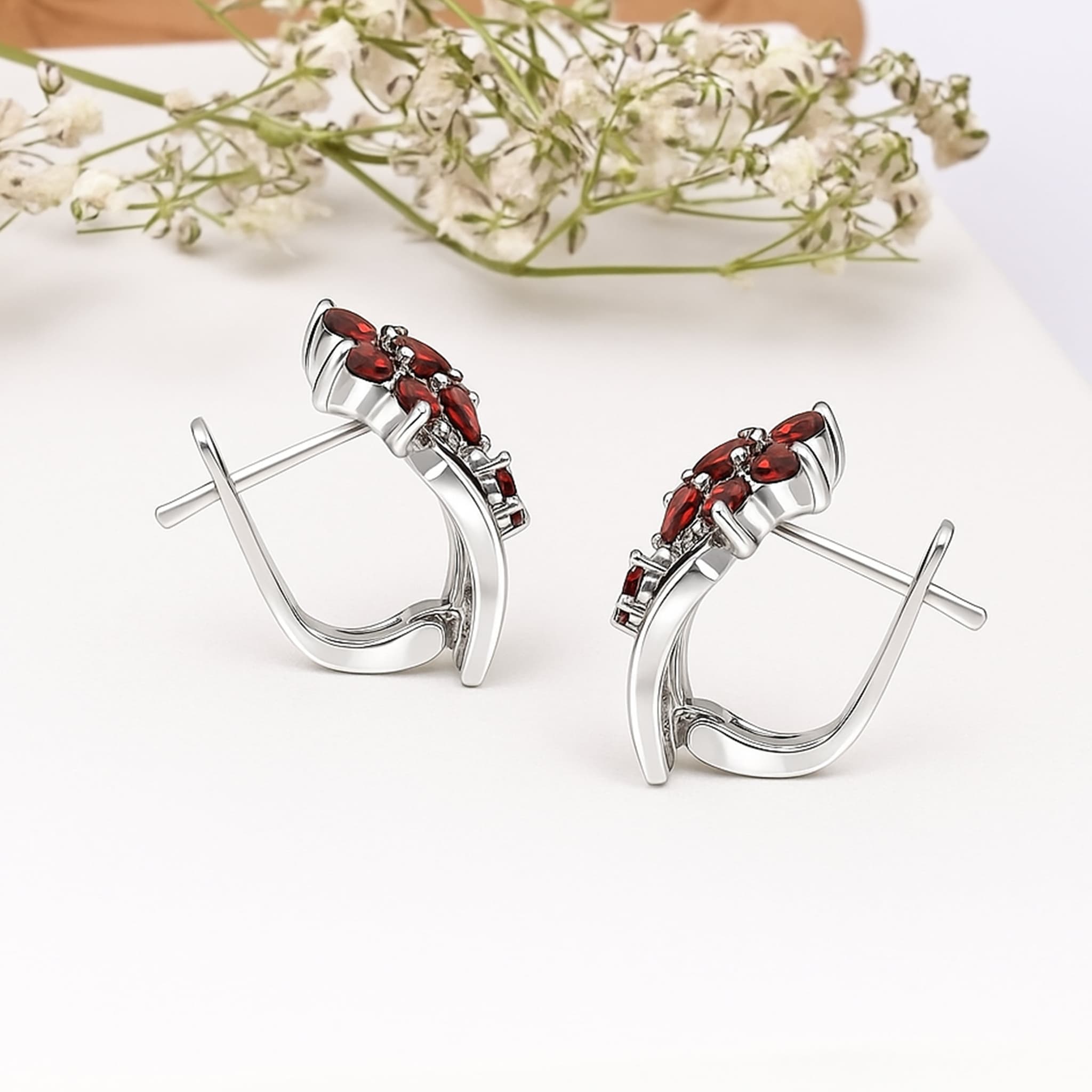 Scarlet Bloom Garnet Hoop Earrings