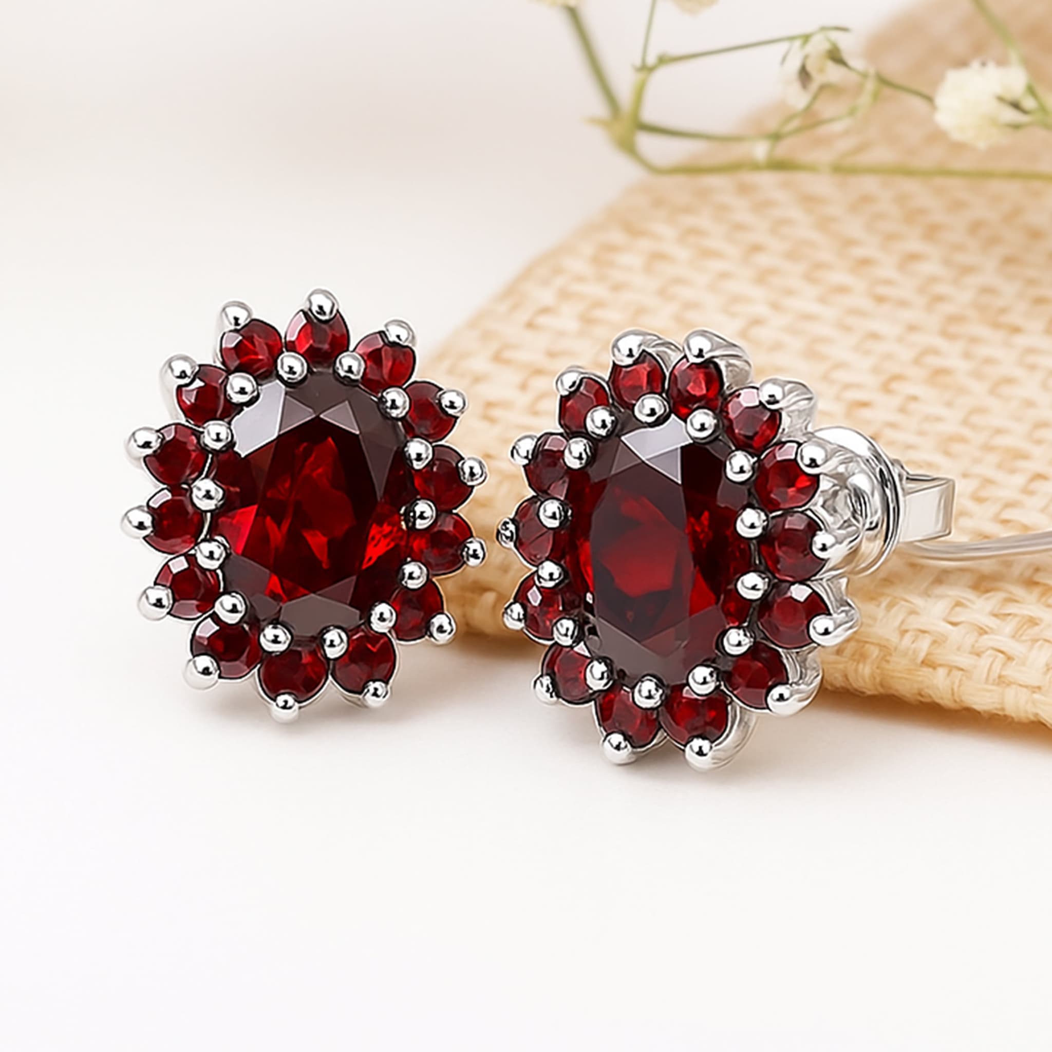 Garnet Halo Stud Earrings