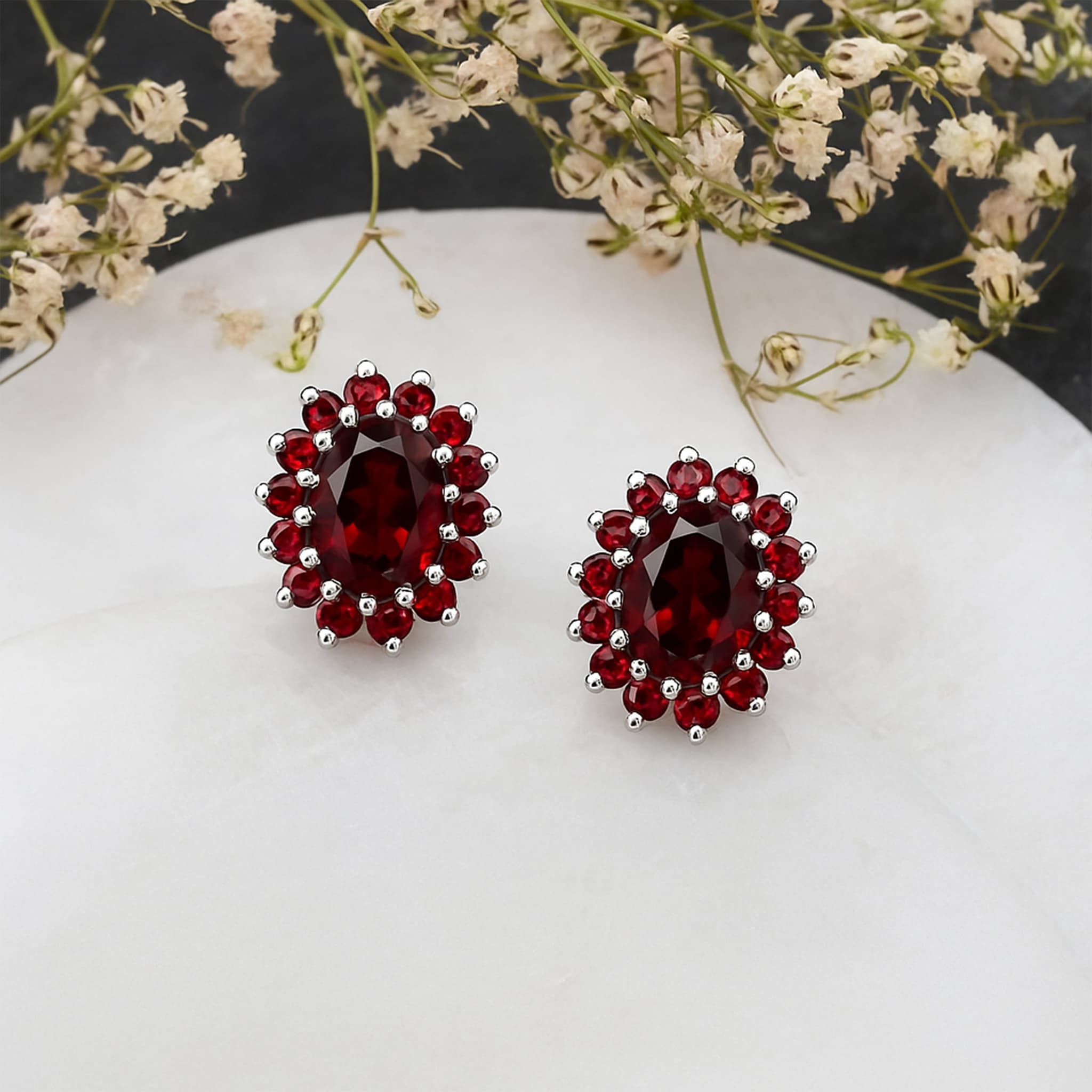 Garnet Halo Stud Earrings