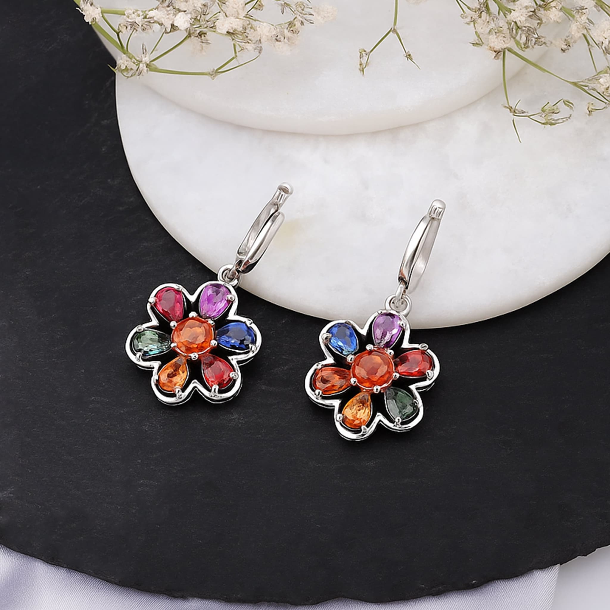 Multi Sapphire Floral Drop Earrings