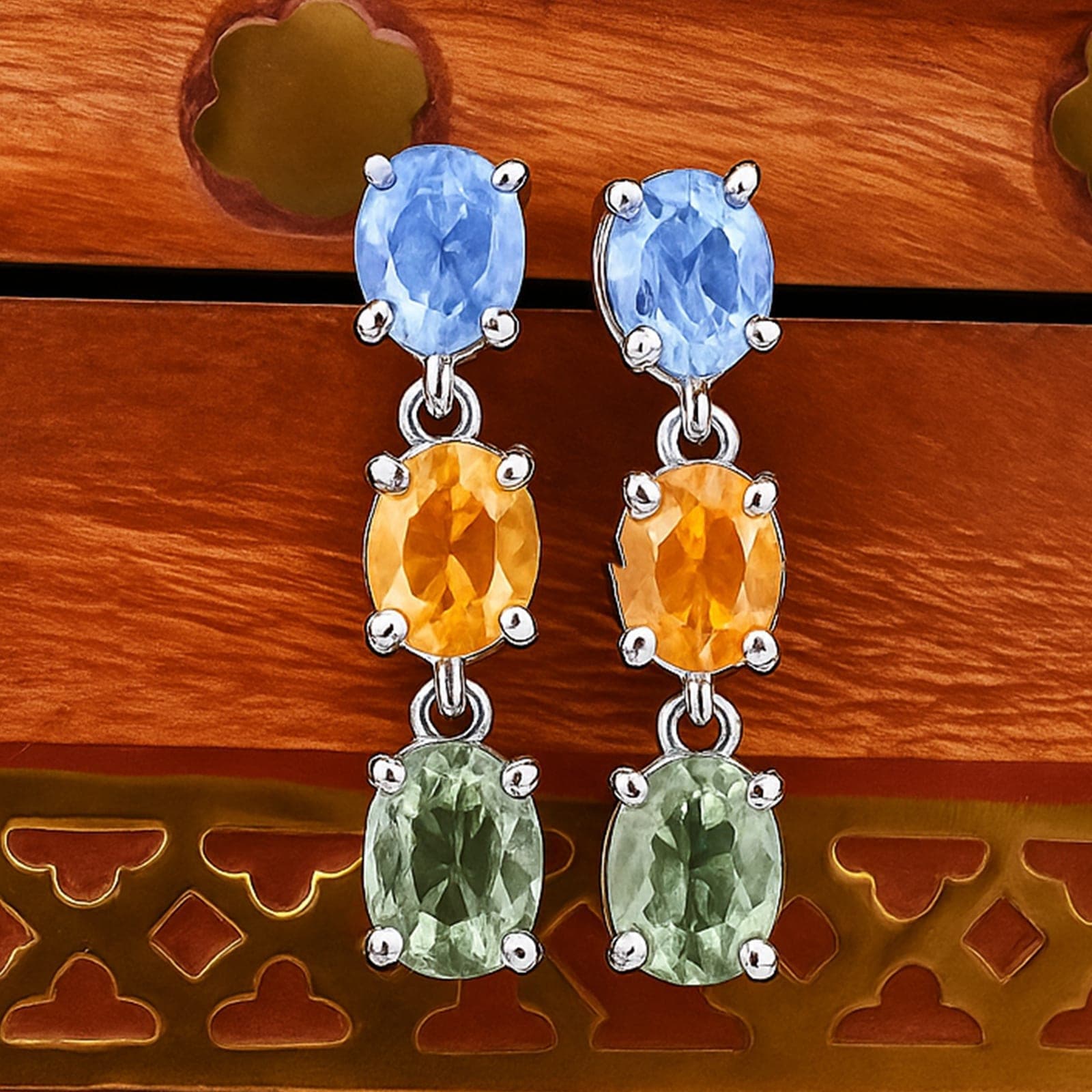 Multi Sapphire Three-Stone Drop Earrings