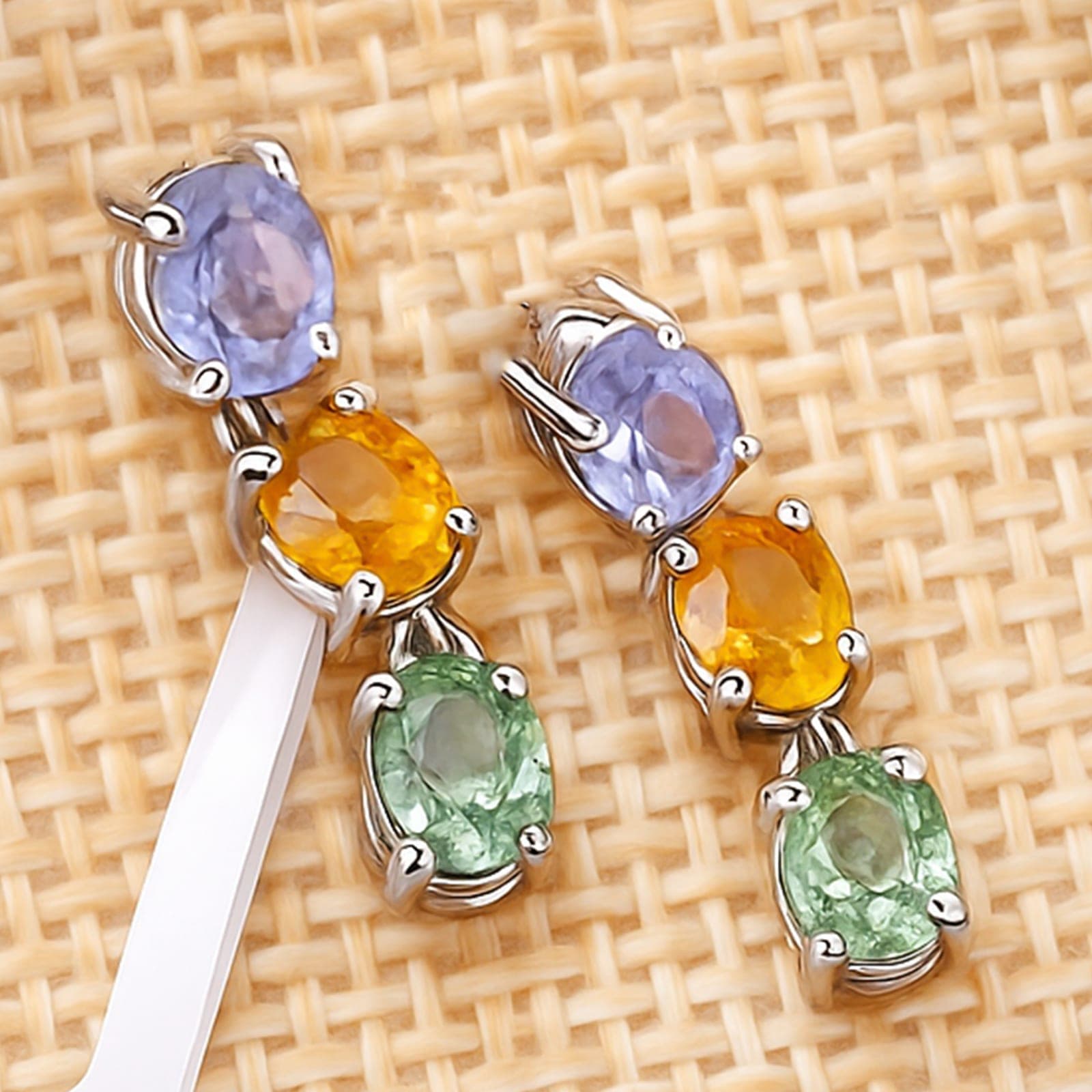 Multi Sapphire Three-Stone Drop Earrings