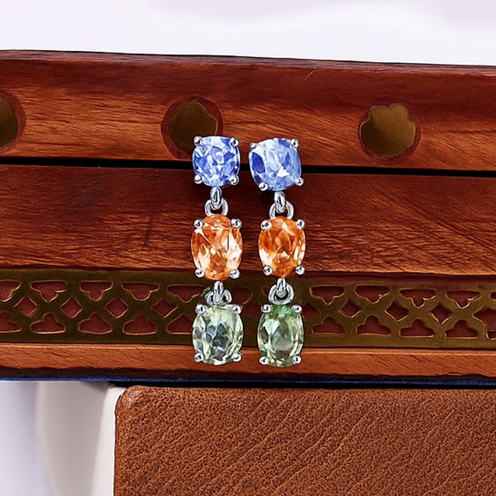 Multi Sapphire Three-Stone Drop Earrings