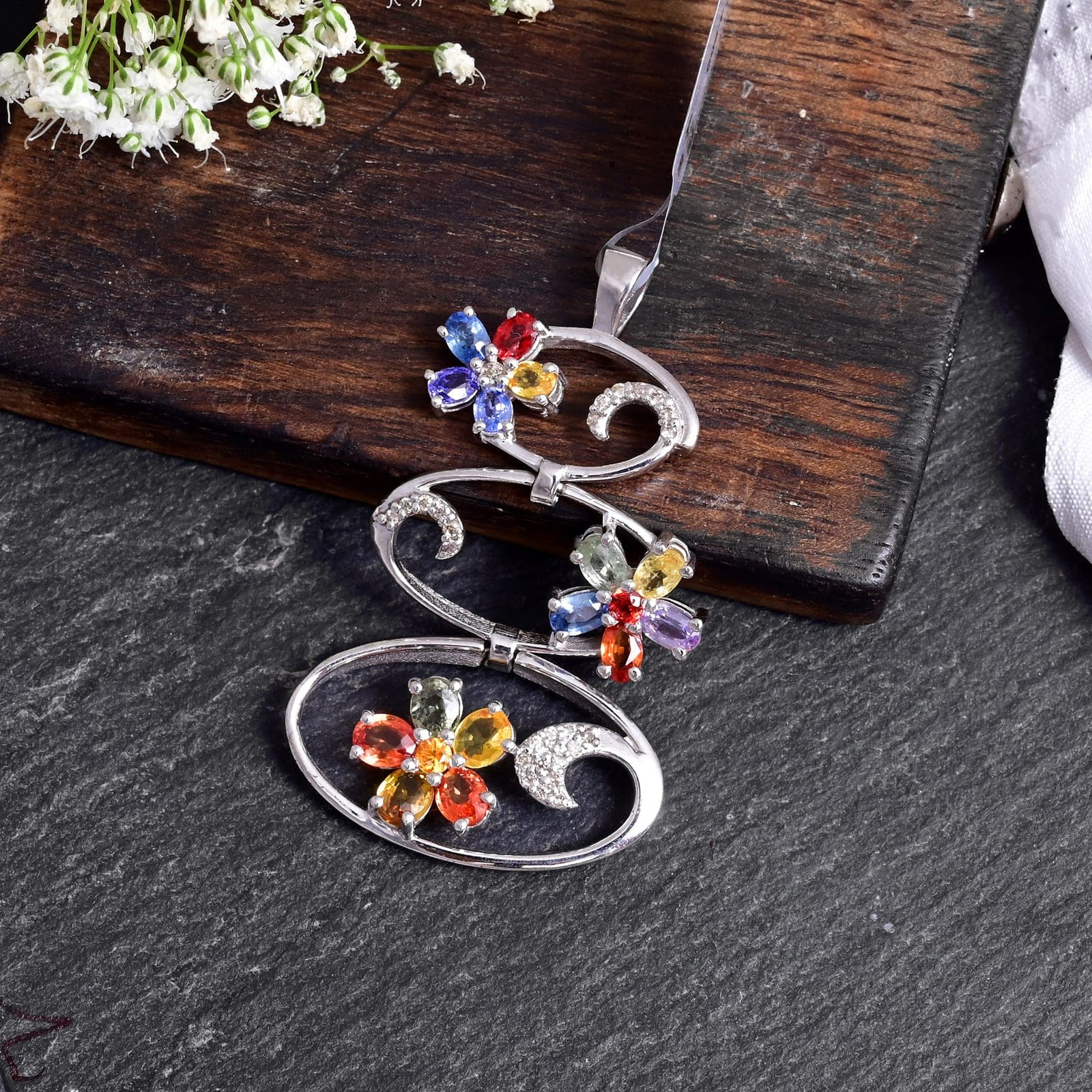 Multi Sapphire Floral Pendant in Silver