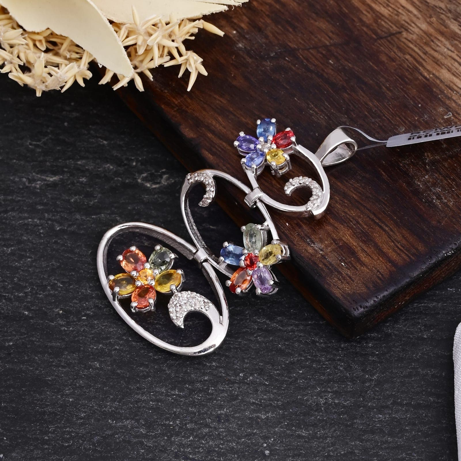 Multi Sapphire Floral Pendant in Silver alternate view