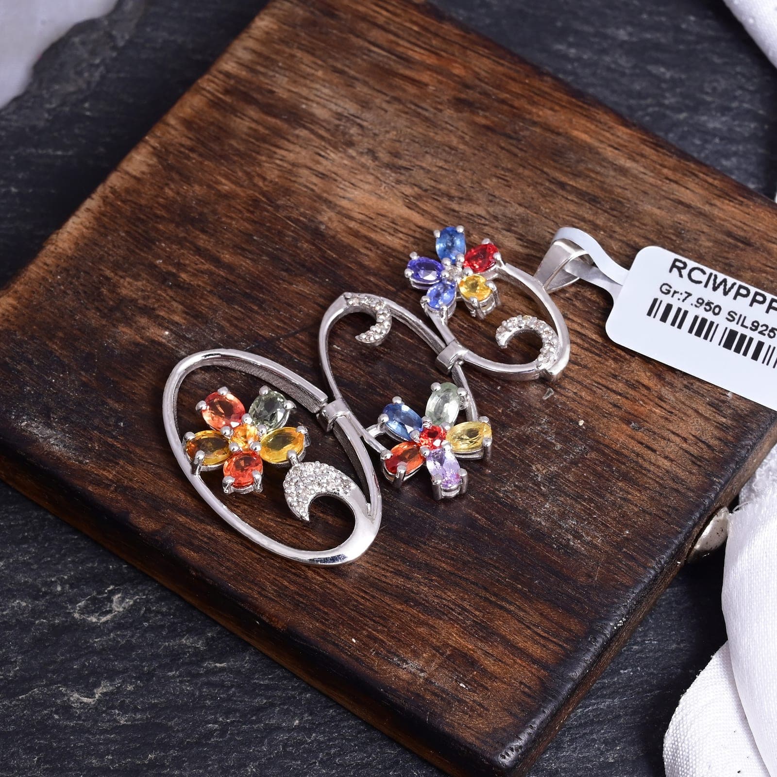 Multi Sapphire Floral Pendant in Silver