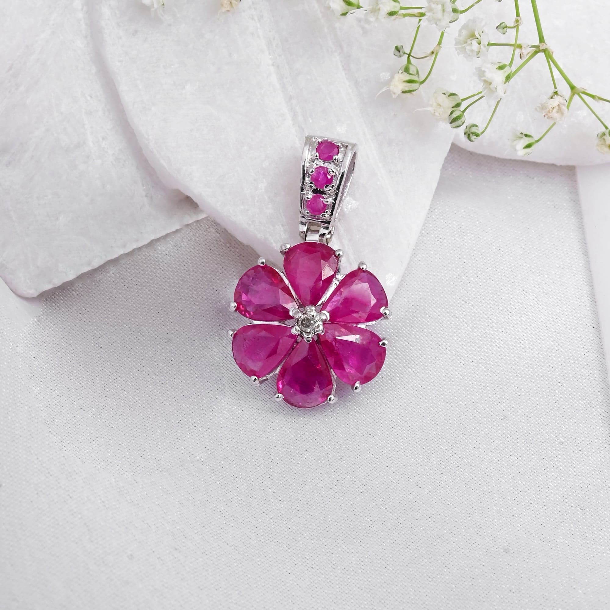 Blossom Radiance Ruby Flower Pendant Necklace