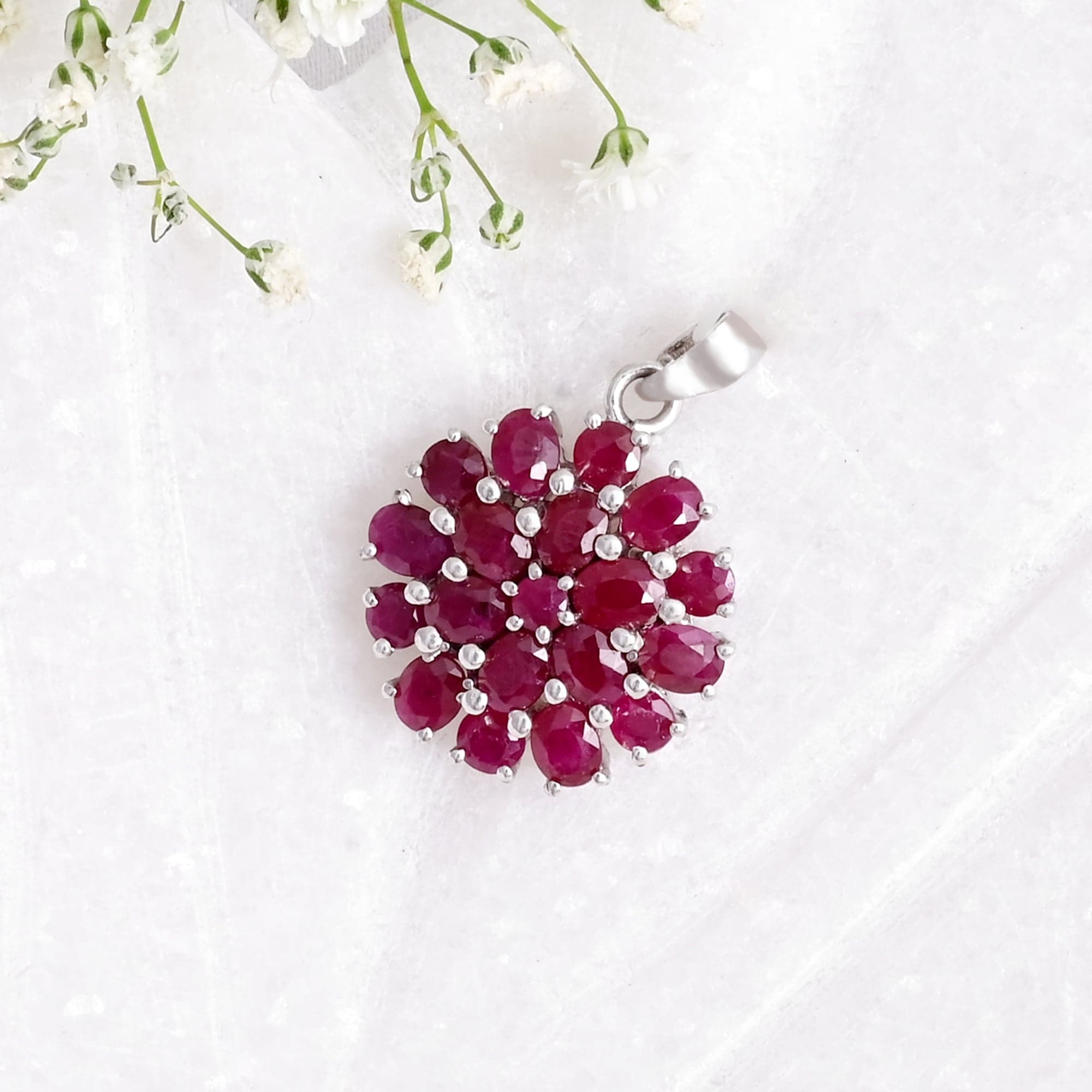 Floral Bloom Ruby Cluster Pendant