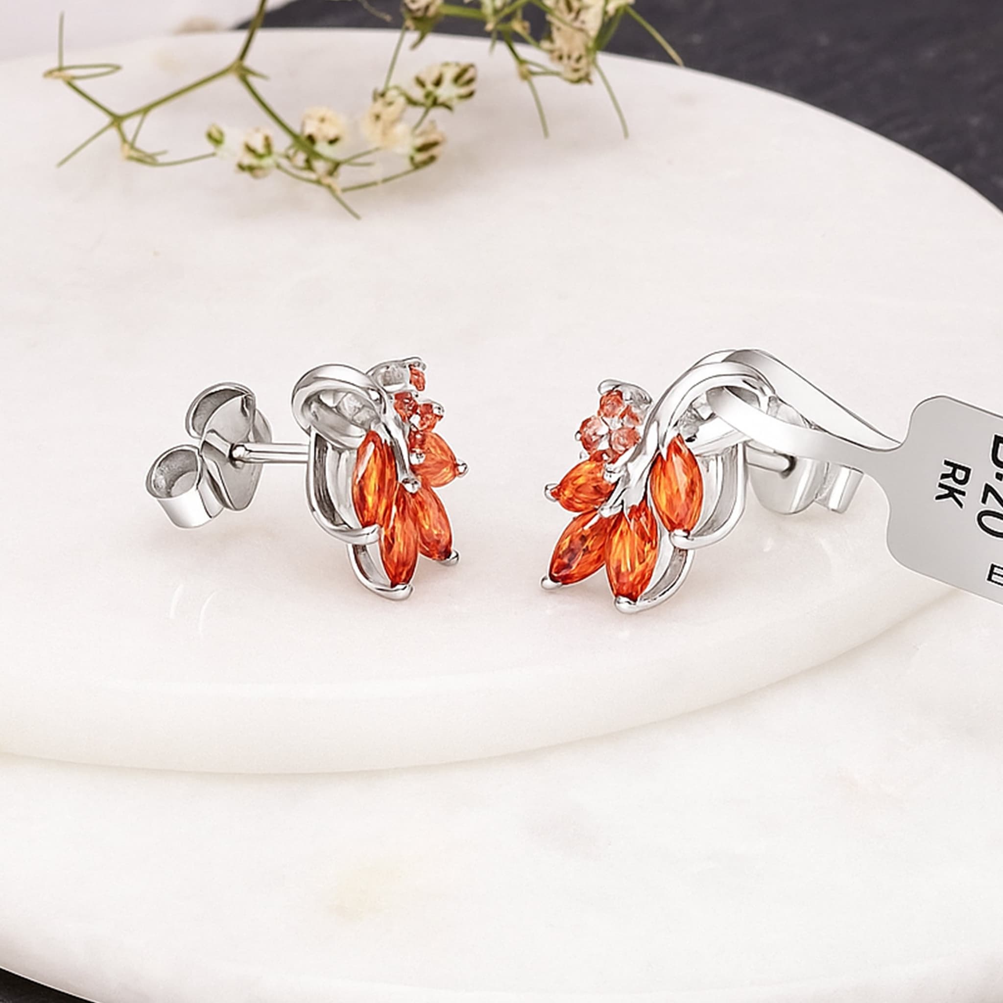 Flame Petal Orange Sapphire Stud Earrings