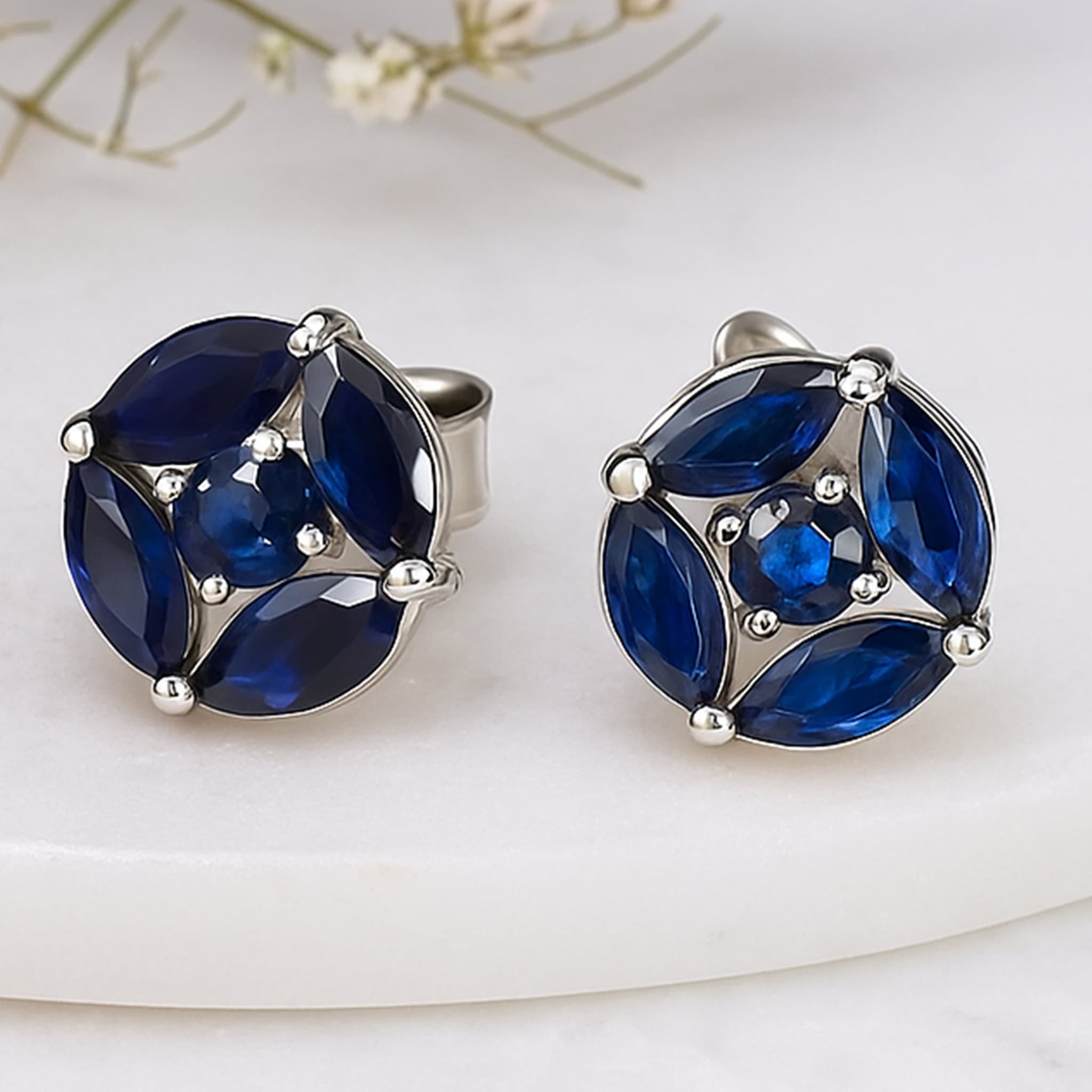 Midnight Bloom Blue Sapphire Stud Earrings