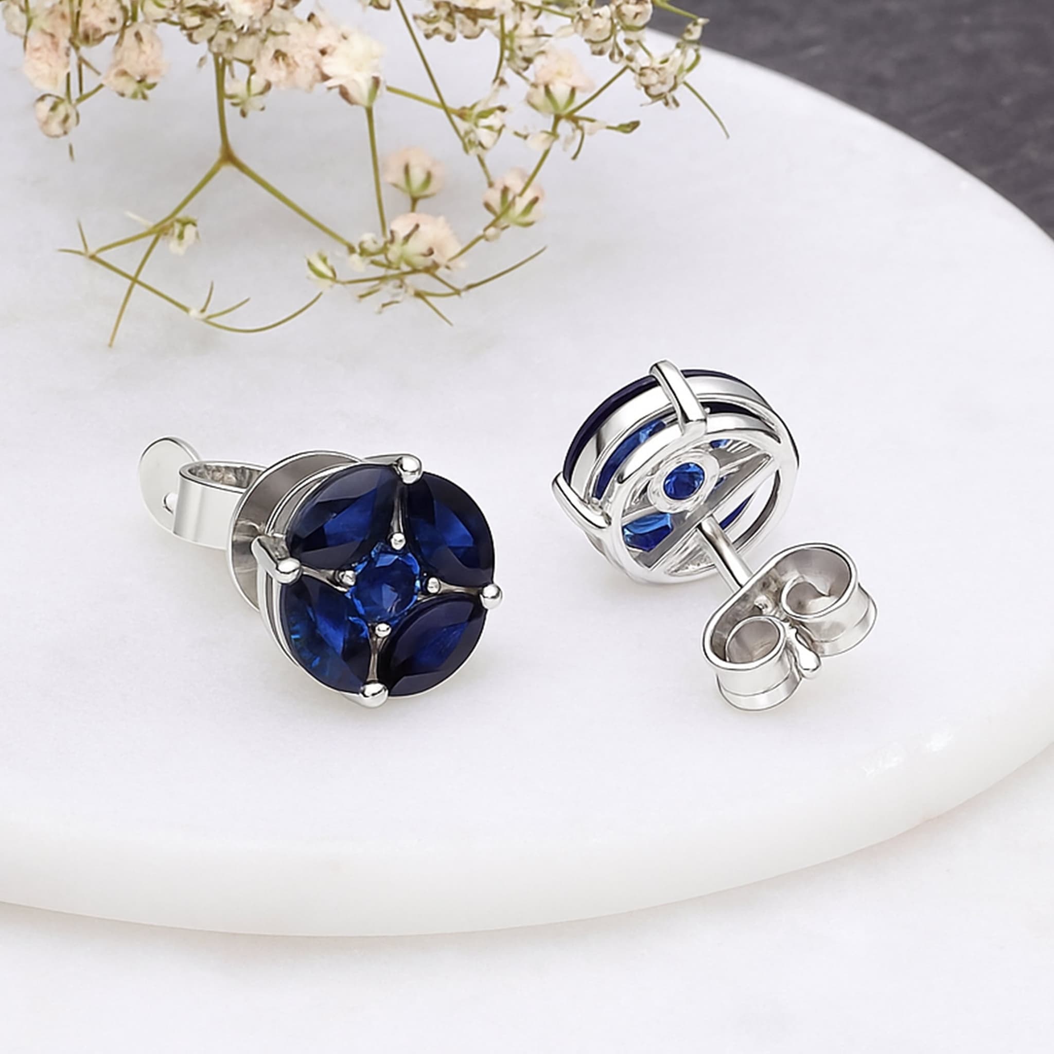 Midnight Bloom Blue Sapphire Stud Earrings