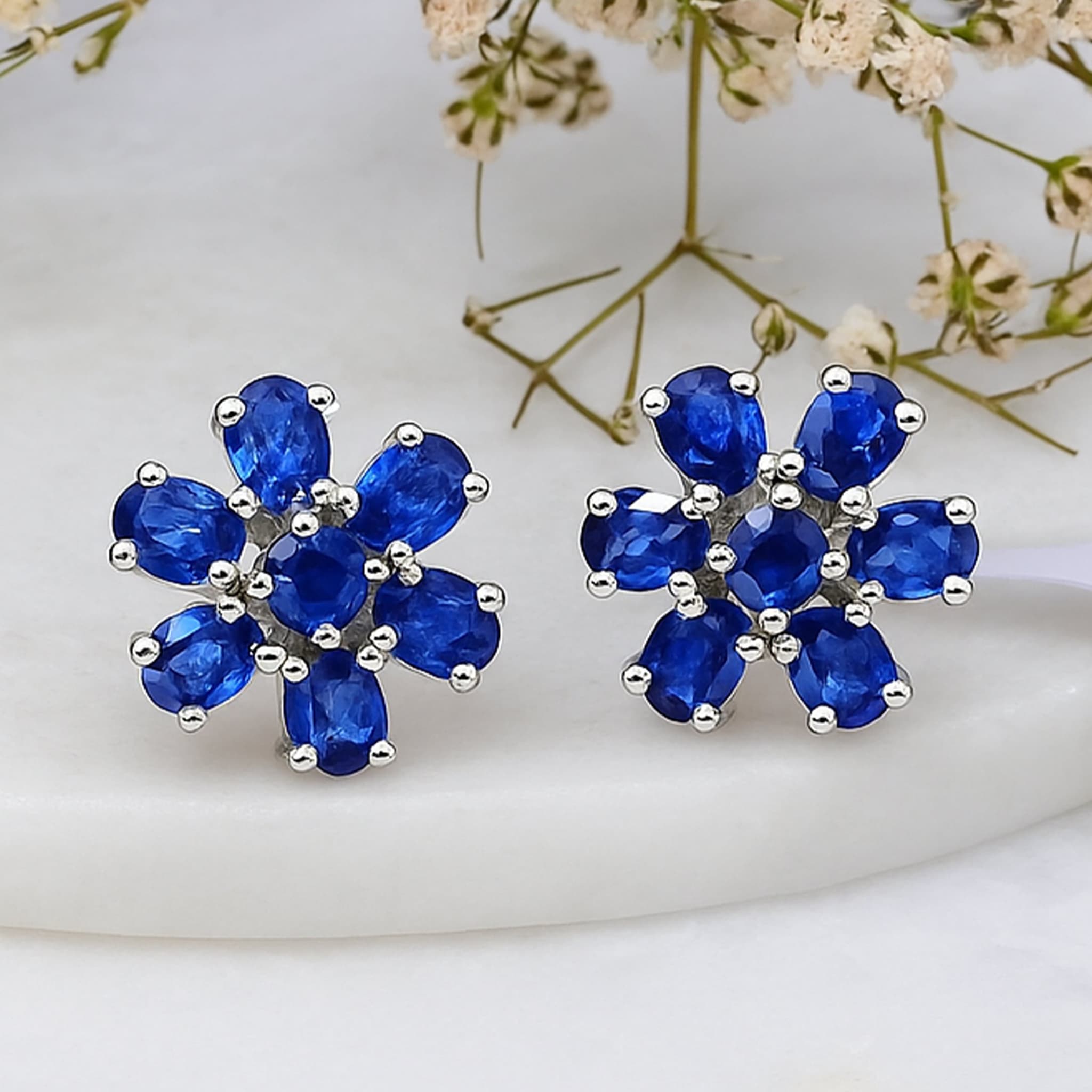 Celestial Bloom Blue Sapphire & Diamond Accent Stud Earrings