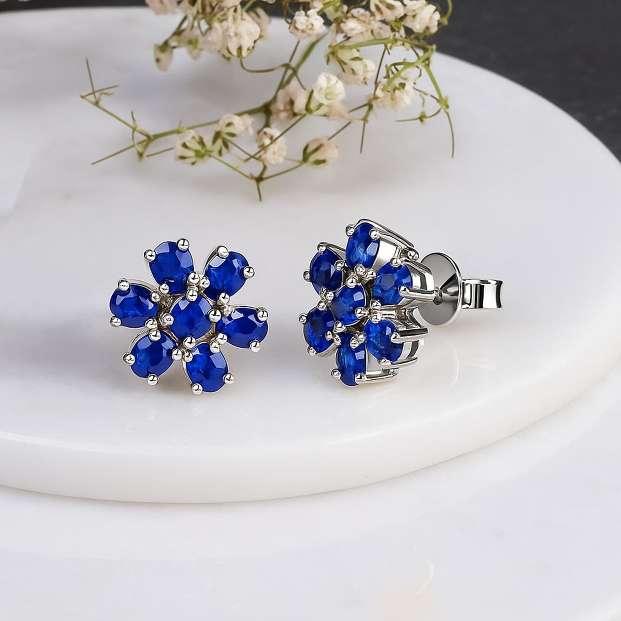 Celestial Bloom Blue Sapphire & Diamond Accent Stud Earrings