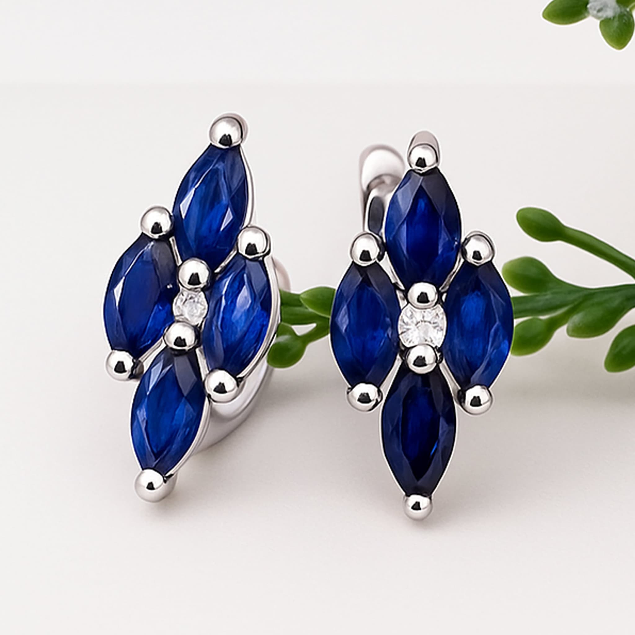 Midnight Petal Blue Sapphire & Diamond Accent Stud Earrings