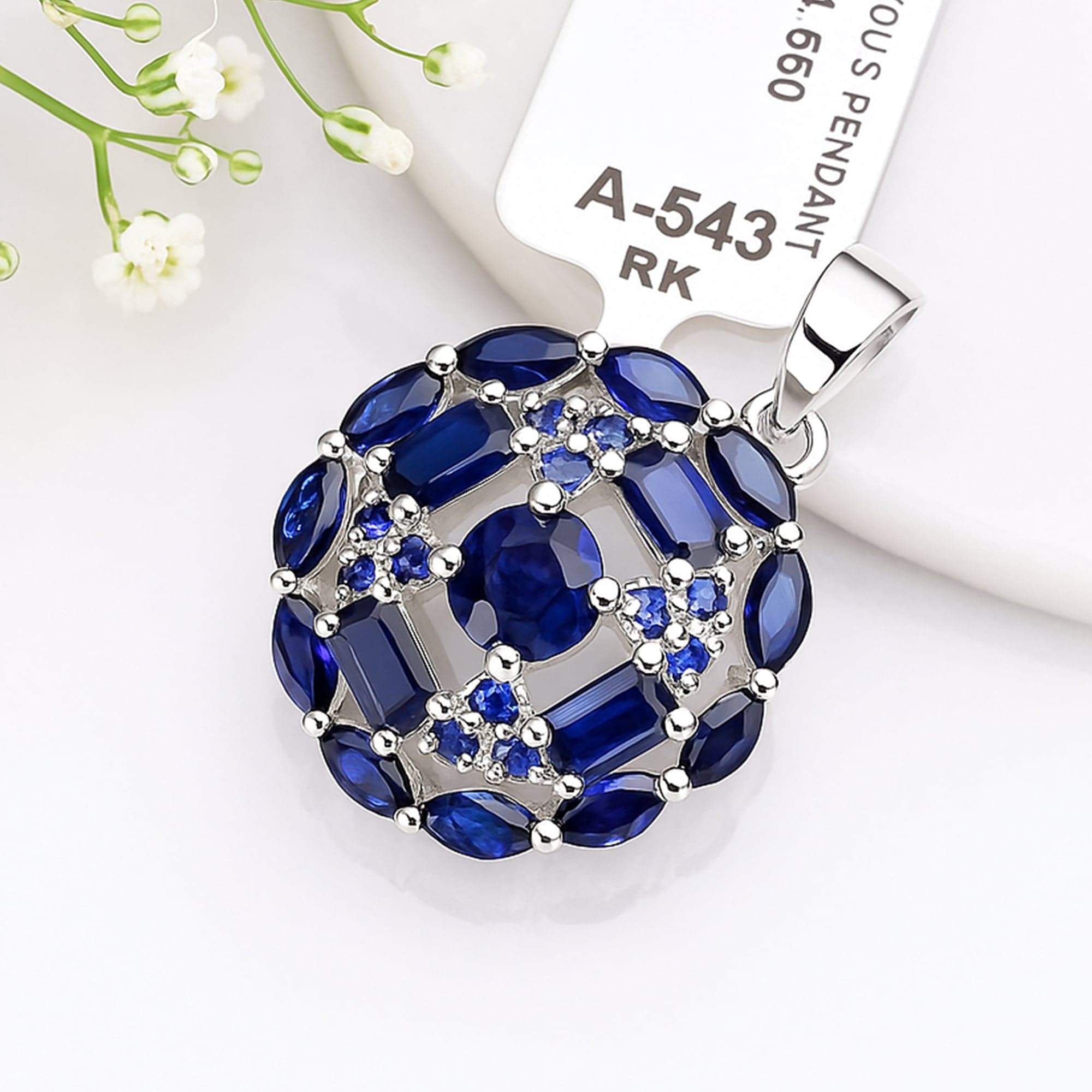Royal Blue Sapphire Halo Pendant with Chain